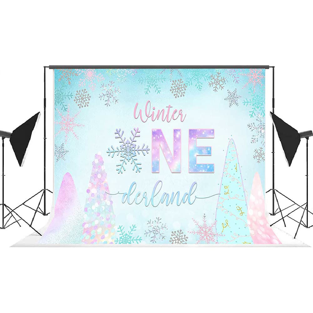 Lofaris Winter Onederland Backdrop - Pink Silver Blue Snowflake Photography Background for Baby Girl's 1st Birthday Party Decor (7x5ft) | Perfect for Cake Table, Photo Booth, Studio Props & Wonderland-Themed Celebrations