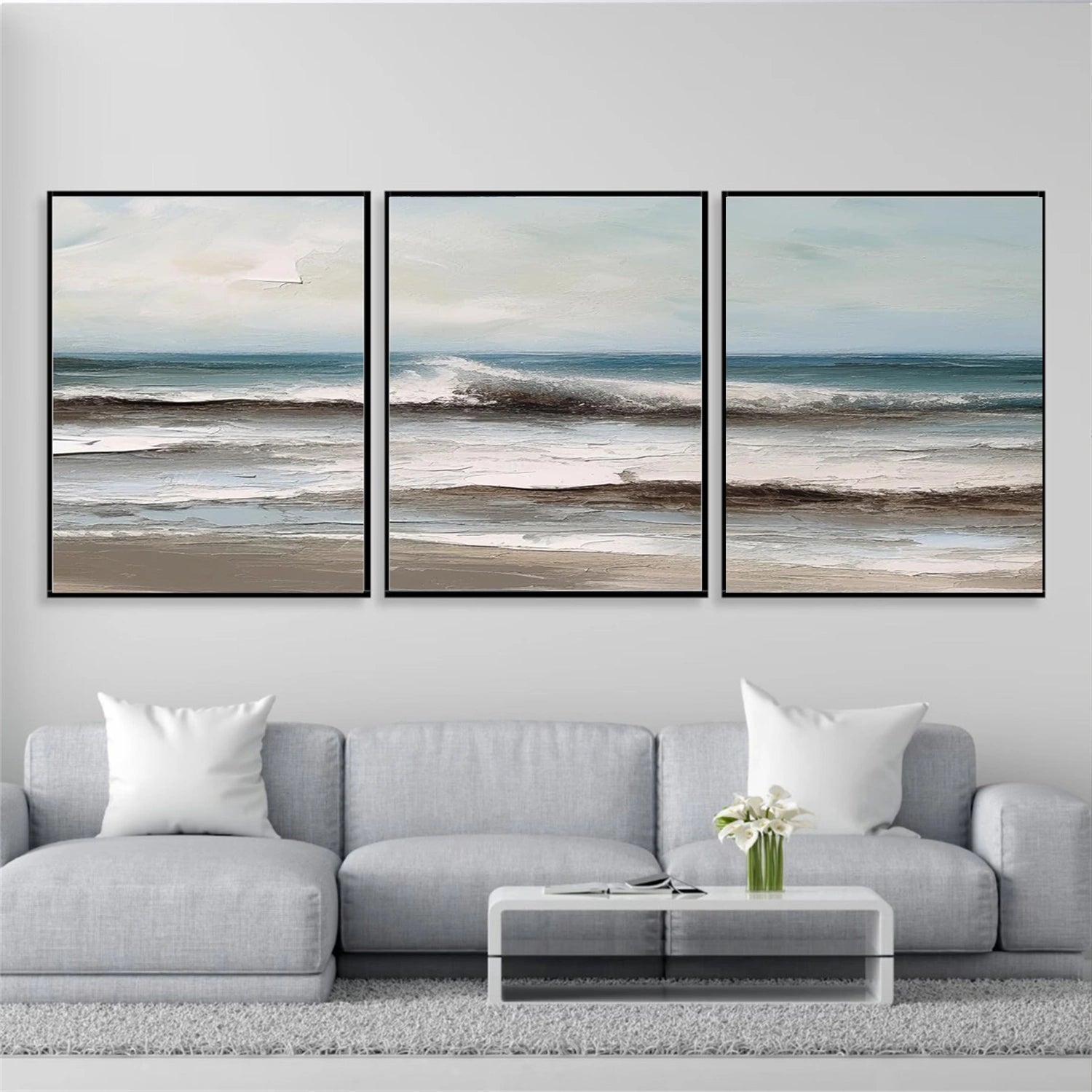 Ocean and Sky Wall Art Set of 3 - Coastal Beach Decor Paintings for Living Room, Bedroom & Office - Serene Seascape Canvas Prints (OS 258)