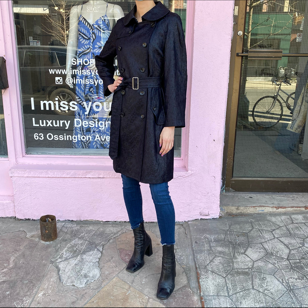 Comme des Garcons Black Jacquard Floral Trench Coat for Women - Stylish Long Coat with Elegant Floral Pattern, Perfect for Fall and Winter Fashion, Office Wear & Date Night Outfits