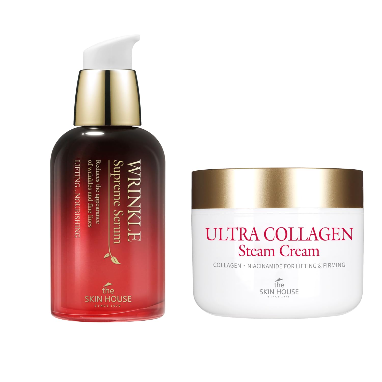 SKIN HOUSE Wrinkle Supreme Serum 1.69 fl.oz + Ultra Collagen Steam Cream | Anti-Aging Treatment with Red Ginseng, Collagen & Retinol | Reduces Wrinkles & Fine Lines | Korean Skincare Routine | Perfect for Night Care & Daily Moisturizing