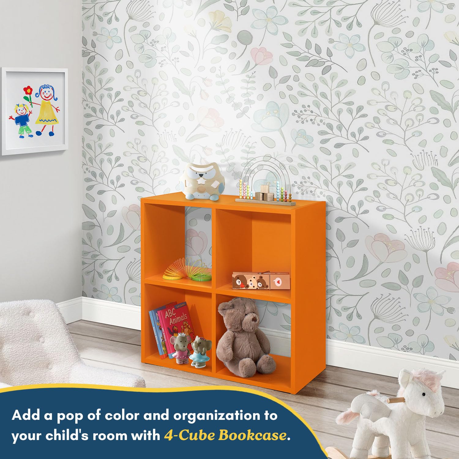 Kings Brand Furniture - 4-Cube Kids Bookcase with Toy Storage, Children's Bookshelf Organizer for Playroom, Bedroom & Nursery - Perfect for Toy Storage, Book Display & Room Organization (Orange)
