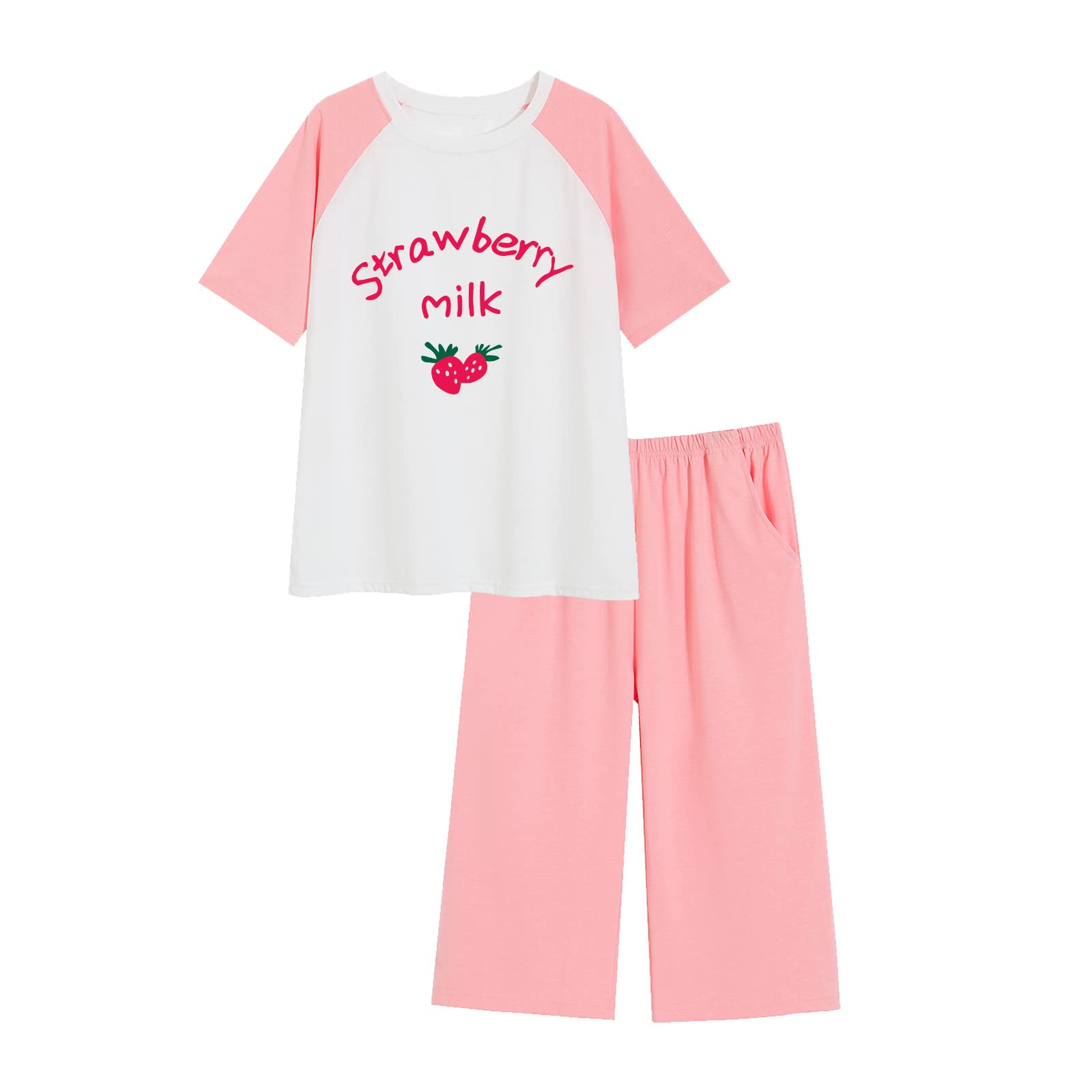 MEJOTAUS Women's Strawberry Milk Print Cotton Pajama Set - Short Sleeve Top with Pocket & Capri Pants, Soft Sleepwear for Lounge & Nightwear | Perfect for Relaxing at Home, Sleepovers & Cozy Evenings