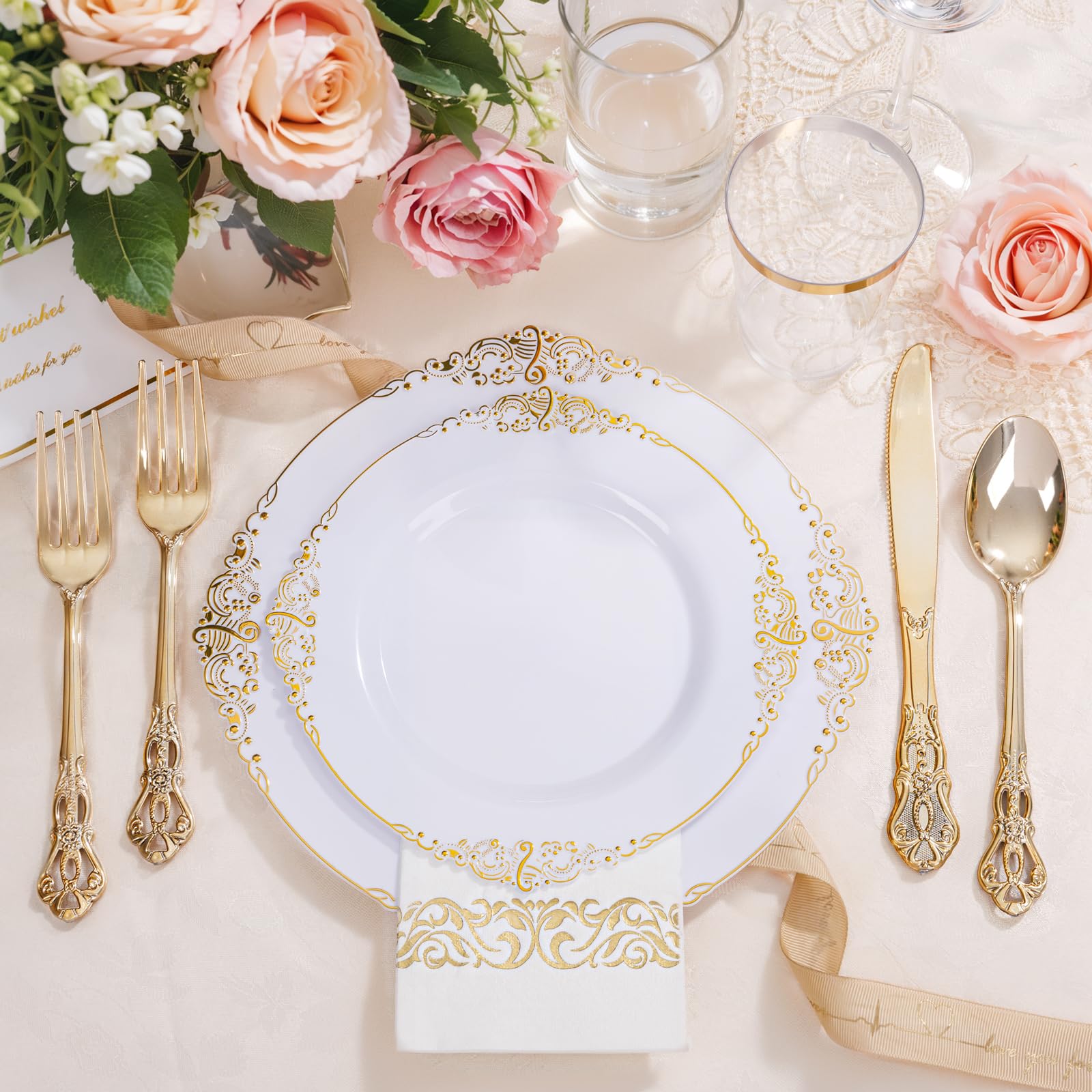 YOUBET 700-Piece Gold Plastic Dinnerware Set - Elegant White & Gold Disposable Plates (200 Plates, 300 Heavy Duty Forks/Spoons/Knives, 100 Cups & 100 Napkins) - Perfect for Weddings, Parties, Bridal Showers & Large Gatherings of 100+ Guests