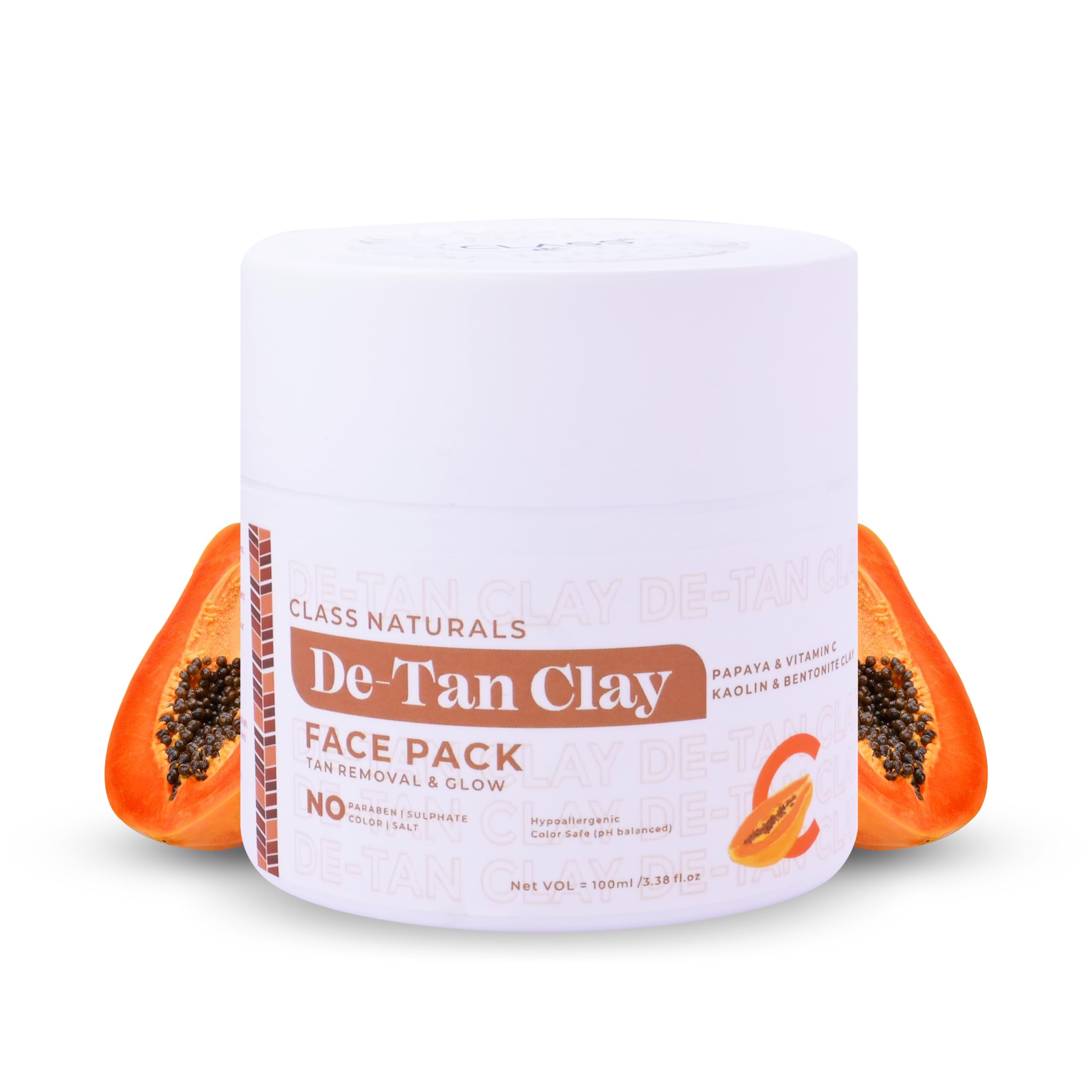 Class Naturals De-Tan Clay Face Mask for Tan Removal & Glow - Kaolin & Bentonite Clay Formula | All Skin Types | 100% Vegan & Cruelty-Free | 100ml | Brightening Facial Treatment for Sun-Damaged Skin & Evening Skin Tone