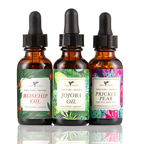 Baja Basics Organic Face Oil Trio - Jojoba Oil, Rosehip Oil & Prickly Pear Oil for Hydration, Anti-Aging & Glowing Skin | Perfect for Night Routine, DIY Skincare & Gift Sets