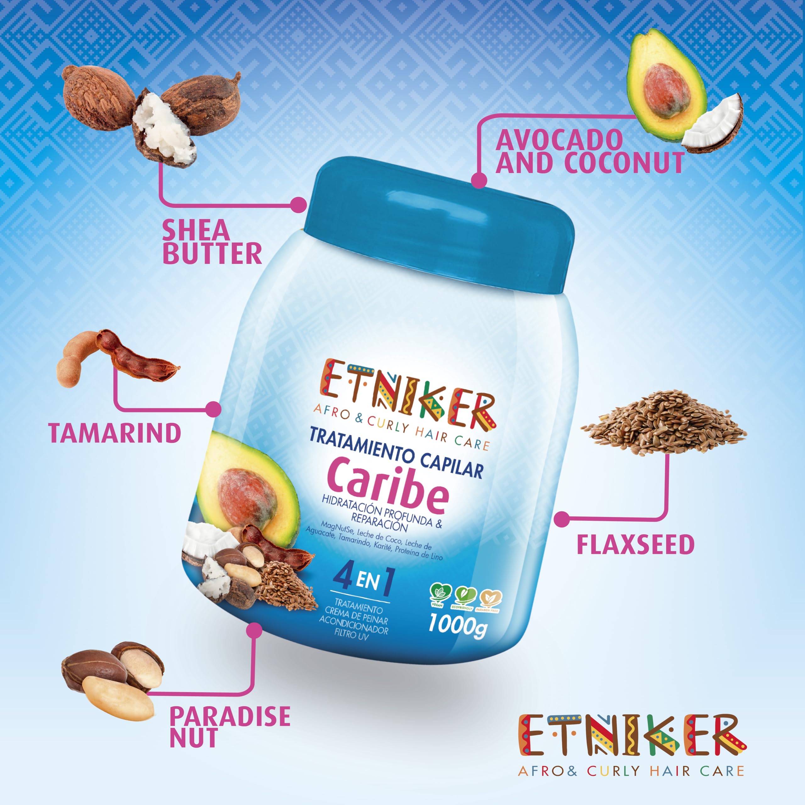 ETNIKER CARIBE 4-in-1 Hair Treatment for Afro, Curly & Wavy Hair - Deep Conditioner, Styling Cream, UV Protection & Repair Mask with Natural Oils (Paradise Nut, Coconut, Avocado) - 33 oz for Salon-Quality Styling & Damaged Hair Care