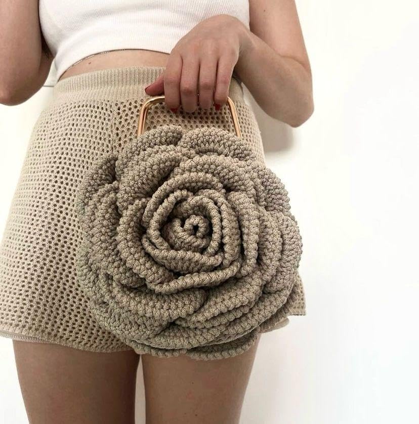 Elegant Rose Shaped Crochet Clutch Purse for Women - Beige & Orange Handmade Flower Bag (Red Option) | Perfect Gift for Weddings, Date Nights & Special Occasions