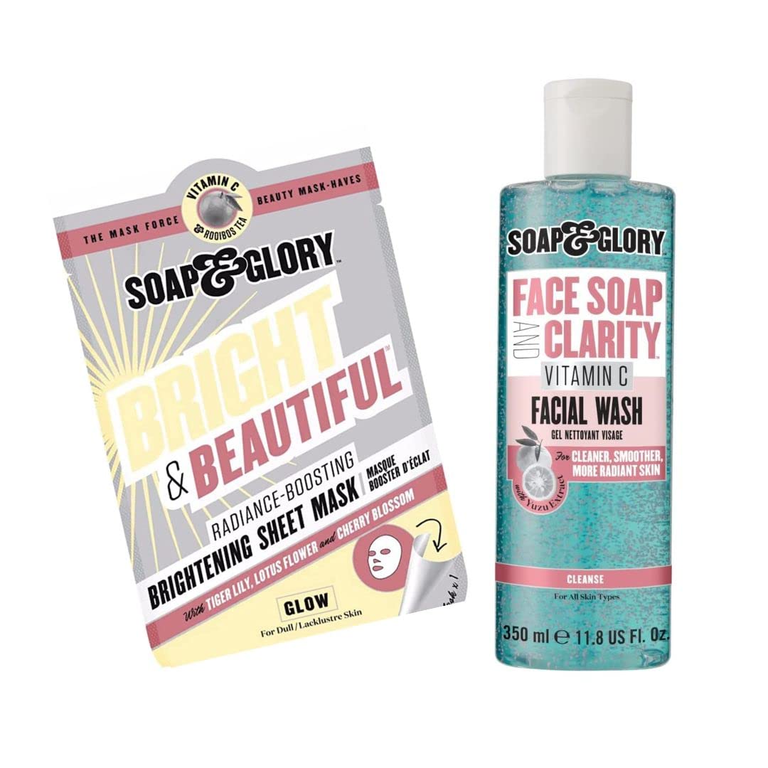 Soap and Glory Vitamin C Face Wash & Beauty Face Mask Set for Glowing Skin - Brightening Cleanser & Hydrating Sheet Mask Combo for Daily Skincare Routine