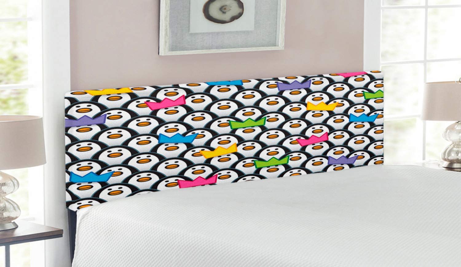 Ambesonne Queen Size Upholstered Metal Bed Headboard with Memory Foam - Colorful Penguin Party Design, South Pole Animal Theme for Kids & Teens Bedroom Decor | Perfect for Coastal, Arctic or Nautical Themed Rooms