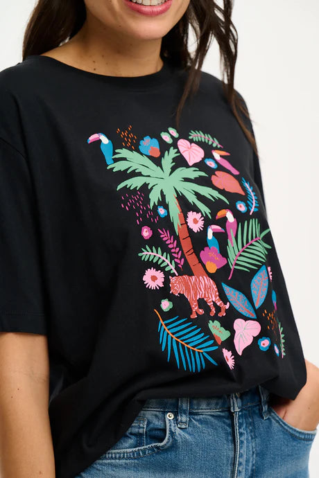 Kinsley Relaxed T-Shirt for Women - Soft Cotton Casual Tee with Tigers & Toucans Print (Black) - Perfect for Everyday Wear, Weekend Outings & Summer Vacation