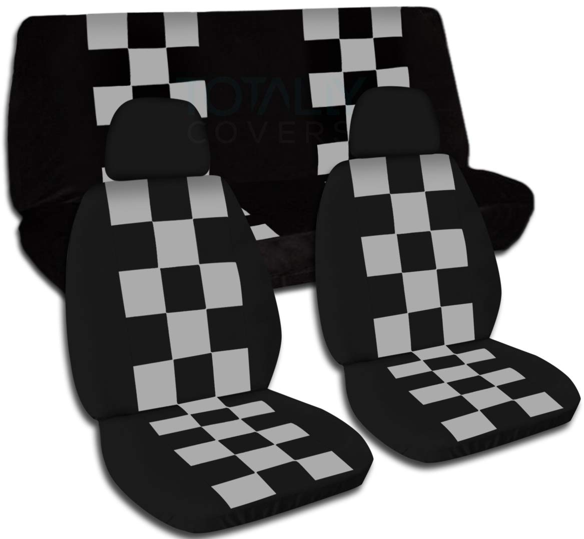 Black & Gray Checkered Universal Car Seat Covers Full Set with 2 Headrest Covers - Semi-Custom Fit for Cars, Trucks, Vans, SUVs & RVs - 21 Color Options - Durable Protection for Daily Commute & Road Trips