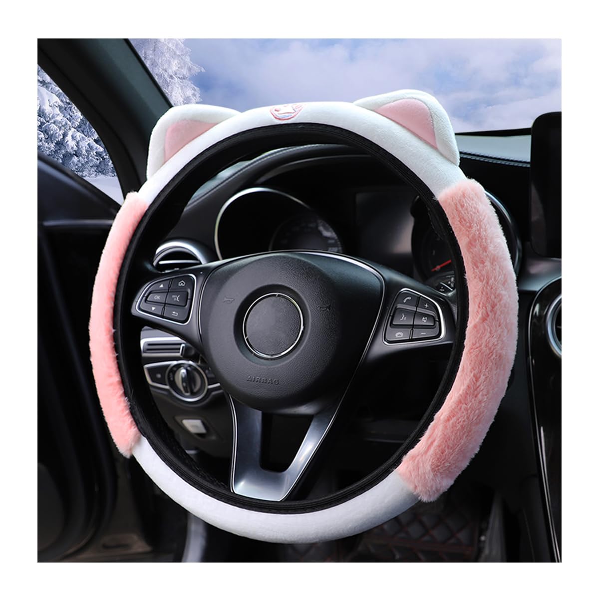 Fluffy Soft Plush Car Steering Wheel Cover for Winter Warmth - Cute Kitty Cat Ears Design, Universal 15 Inch, Elastic & Anti-Slip Steering Wheel Protector - Lovely Pink Car Accessories for Women, Girls & Teens - Perfect for Cold Weather Commuting & Stylish Car Decor