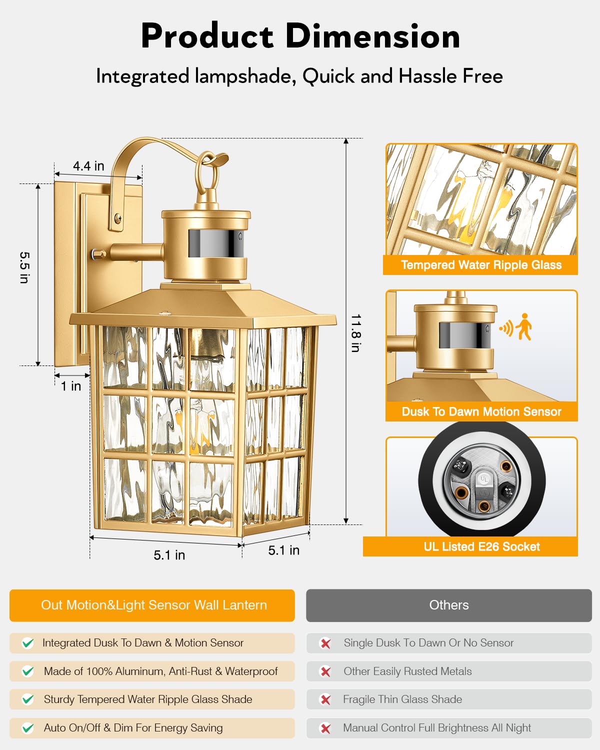 VIANIS Gold Outdoor Wall Lights with Motion Sensor - Modern LED Porch Lights for Garage, House Exterior - Waterproof Lantern Fixtures & Wall Sconce Lighting (Perfect for Entryway, Patio, Garden Security)