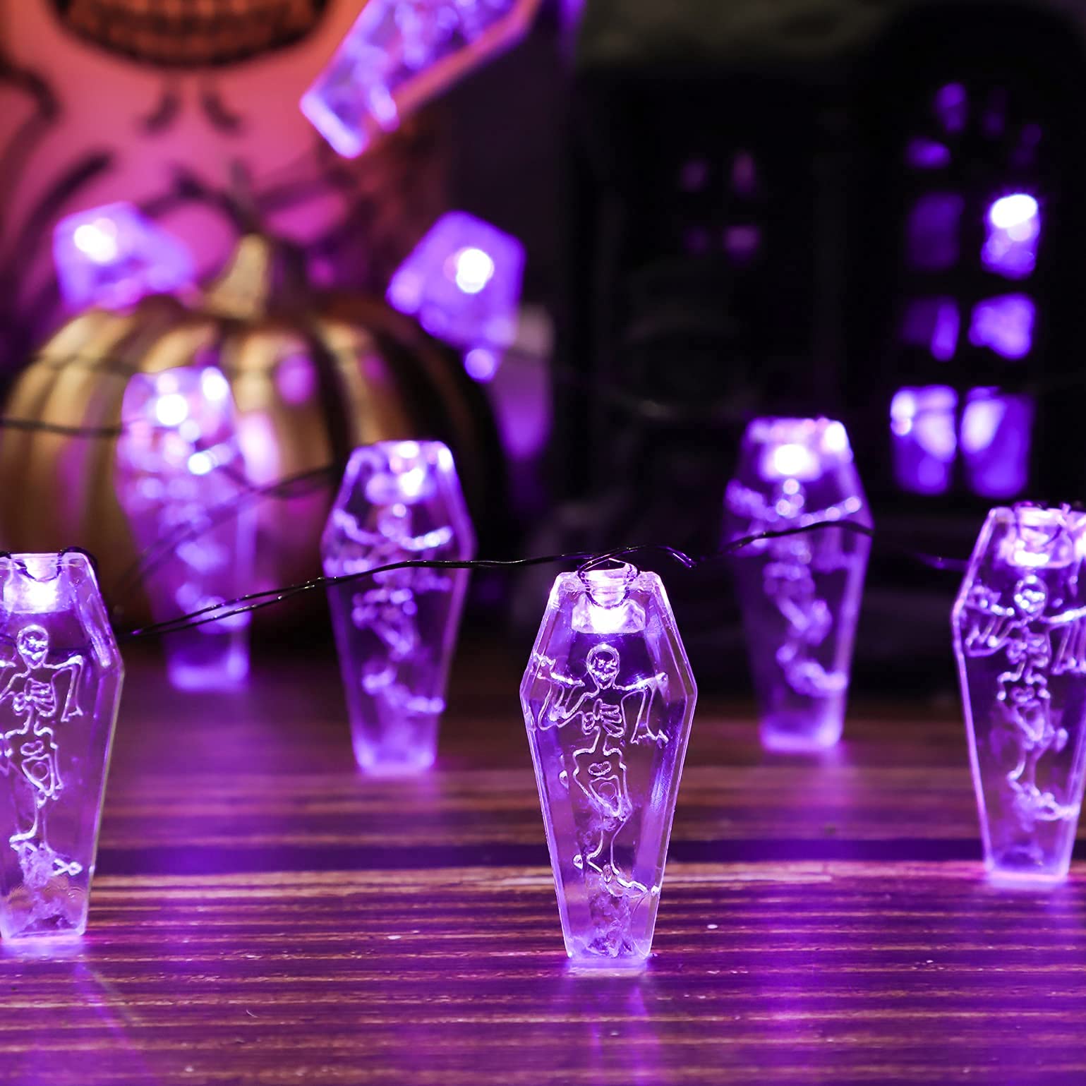 FLAVCHARM Halloween LED String Lights - Battery/USB Powered with Remote, 3D Coffin Fairy Lights for Indoor Decor, Haunted House, Party, Bedroom - Perfect for Spooky Halloween Nights & Themed Events