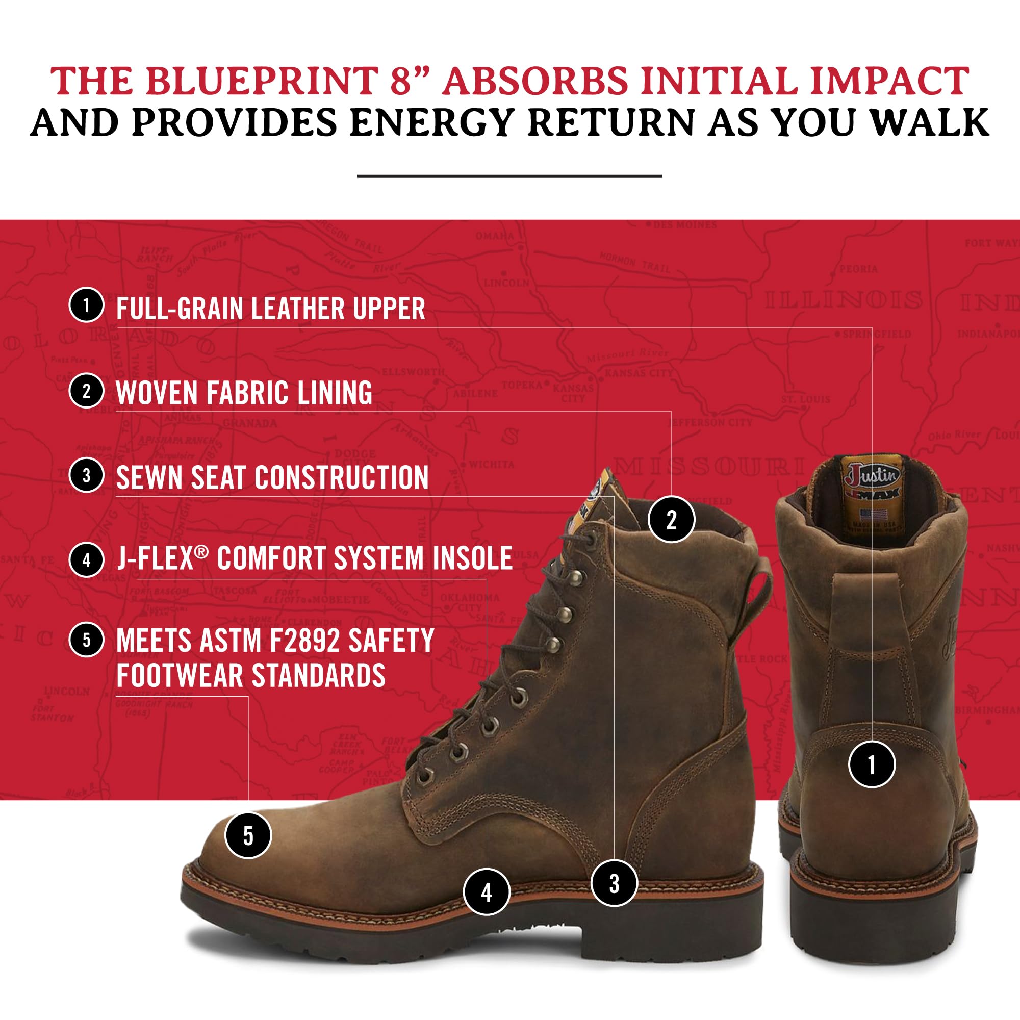 Justin Blueprint 8 Inch Men's Work Boots - Round Toe Full Grain Leather Lace Up Safety Shoes with Oil Slip Resistant Rubber Outsole - Ideal for Construction, Warehouse & Outdoor Work