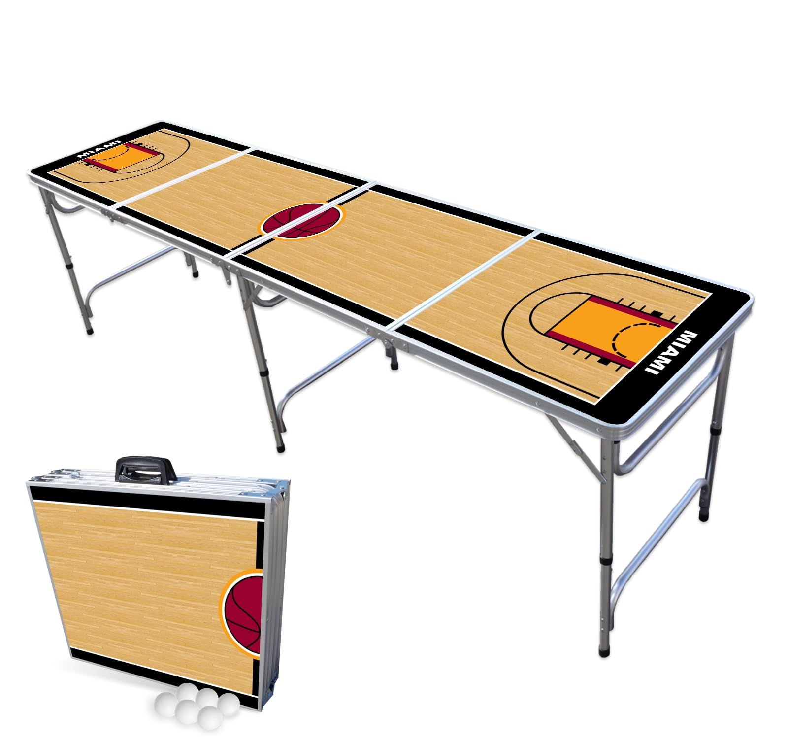8-Foot Folding Portable Beer Pong Table with LED Lights & Cup Holders - Miami Basketball Court Design for Indoor/Outdoor Parties, Tailgates & Game Nights (Multiple Models Available)
