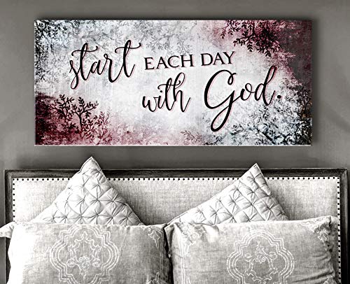 Inspirational Wall Decor - Start Each Day With God | Religious & Spiritual Room Decor | Positive Quotes for Bedroom | Wine Red 60x27 Canvas Art | Motivational Christian Home Décor for Living Room & Office