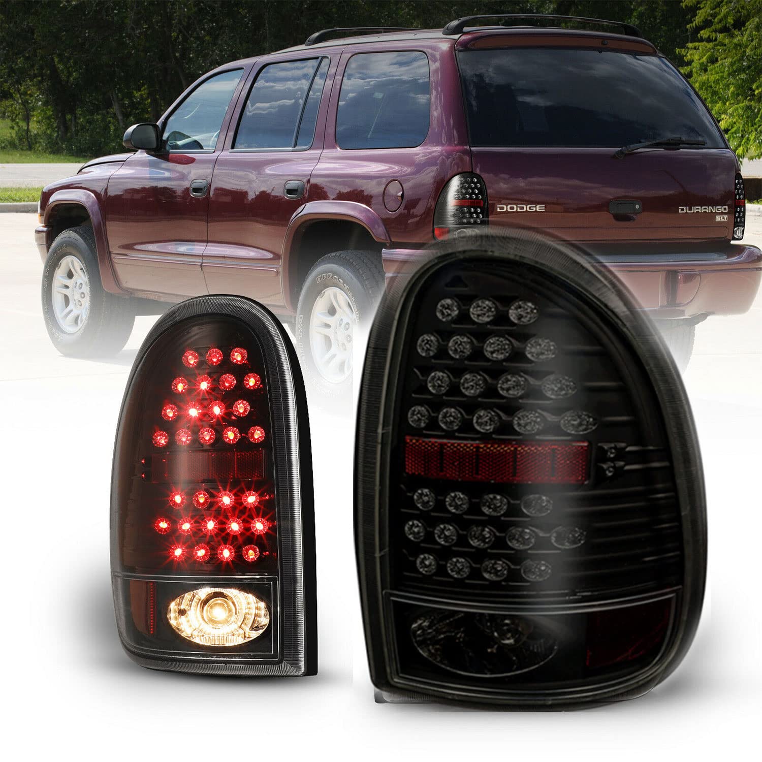 ROXX Replacement Tail Lights for 1996-2000 Dodge Caravan & 1998-2003 Dodge Durango & 1996-2000 Plymouth Voyager - Black Housing Smoke Lens Brake Lamps Pair (Left+Right) - Perfect for Night Driving and Enhanced Vehicle Safety