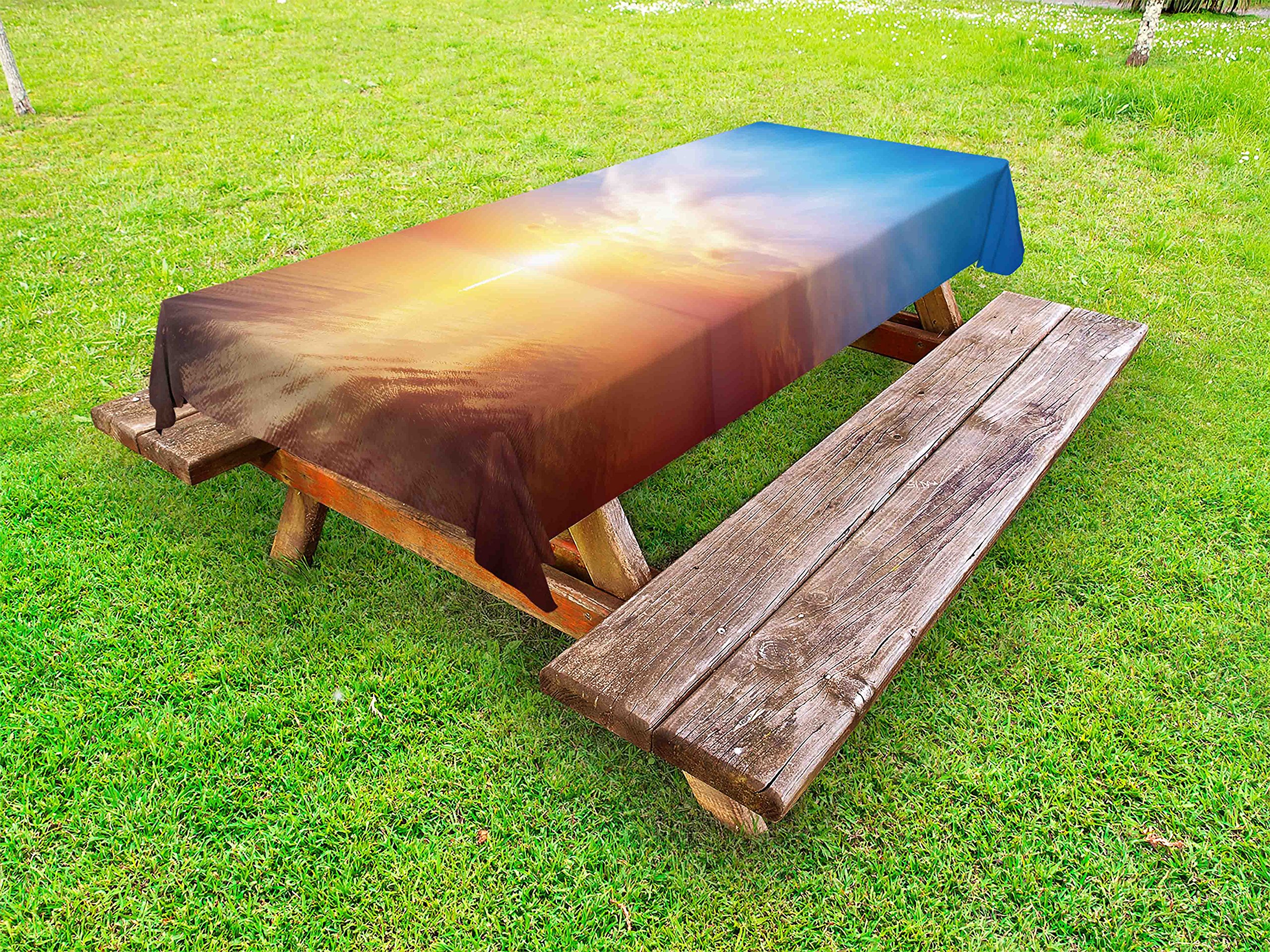 Ambesonne Sunrise Waterproof Outdoor Tablecloth - 58x120 Inch Orange & Blue Coastal Design, Machine Washable Picnic Table Cover for Beach Parties, Backyard BBQs, and Summer Gatherings