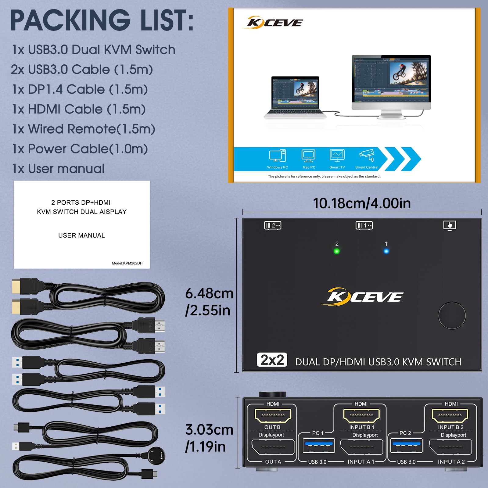 MLEEDA USB 3.0 Dual Monitor KVM Switch - 4K@60Hz HDMI & DisplayPort, 2K@120Hz, 2 Computers Control 2 Monitors with 4 USB 3.0 Ports - Includes Wired Remote & 4 Cables for Home Office, Gaming & Multi-Tasking Workstations