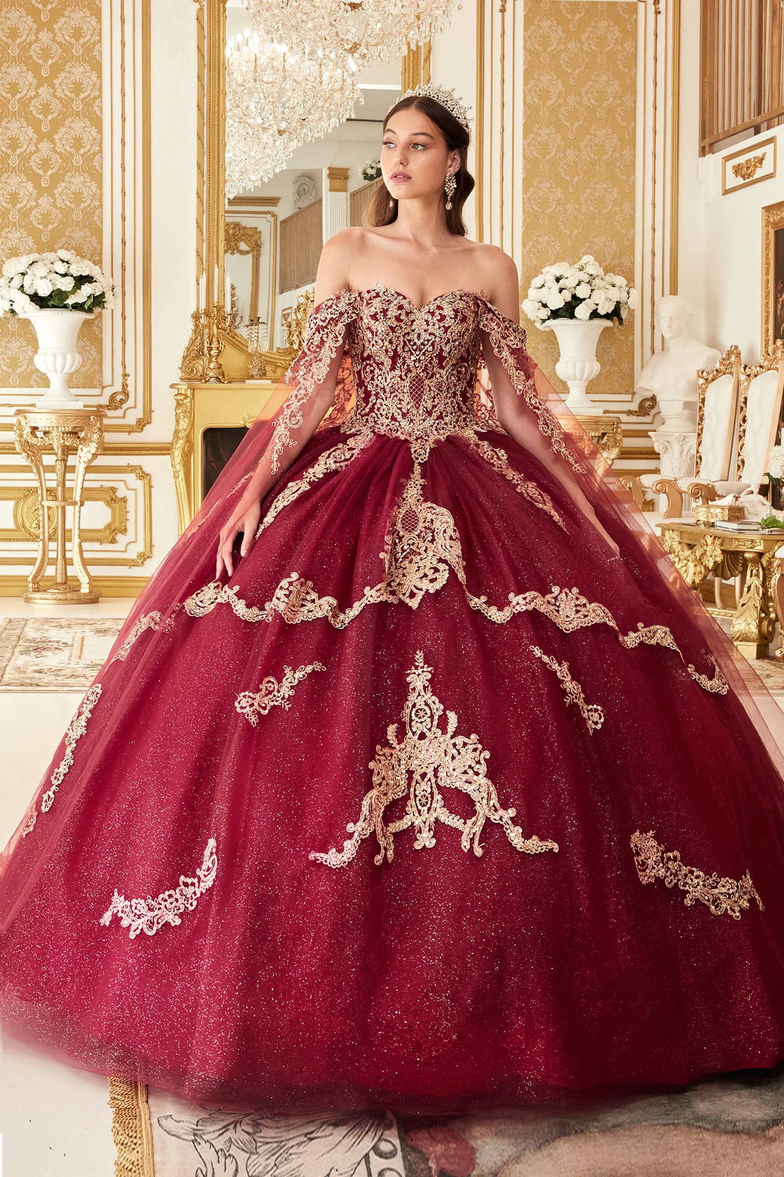 Cinderella Divine 15711 Layered Gold Lace Ball Gown - Elegant Quinceanera Dress for Sweet 15 Birthday Party | Perfect for Prom, Pageant, and Formal Events