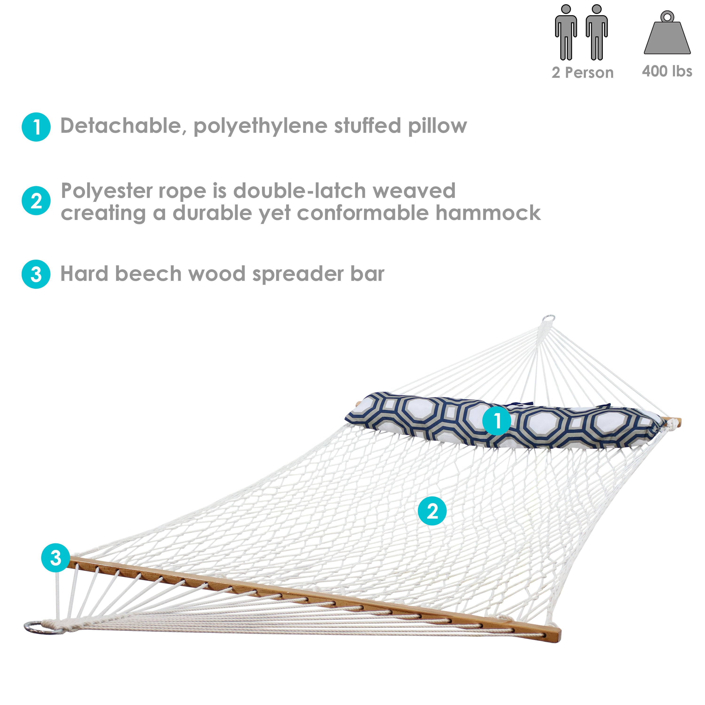 Best 2-Person Polyester Rope Hammock with Pillow - Durable & Comfortable Outdoor Hammock for Backyard, Patio, Beach & Camping - Sunnydaze Relaxation Accessory