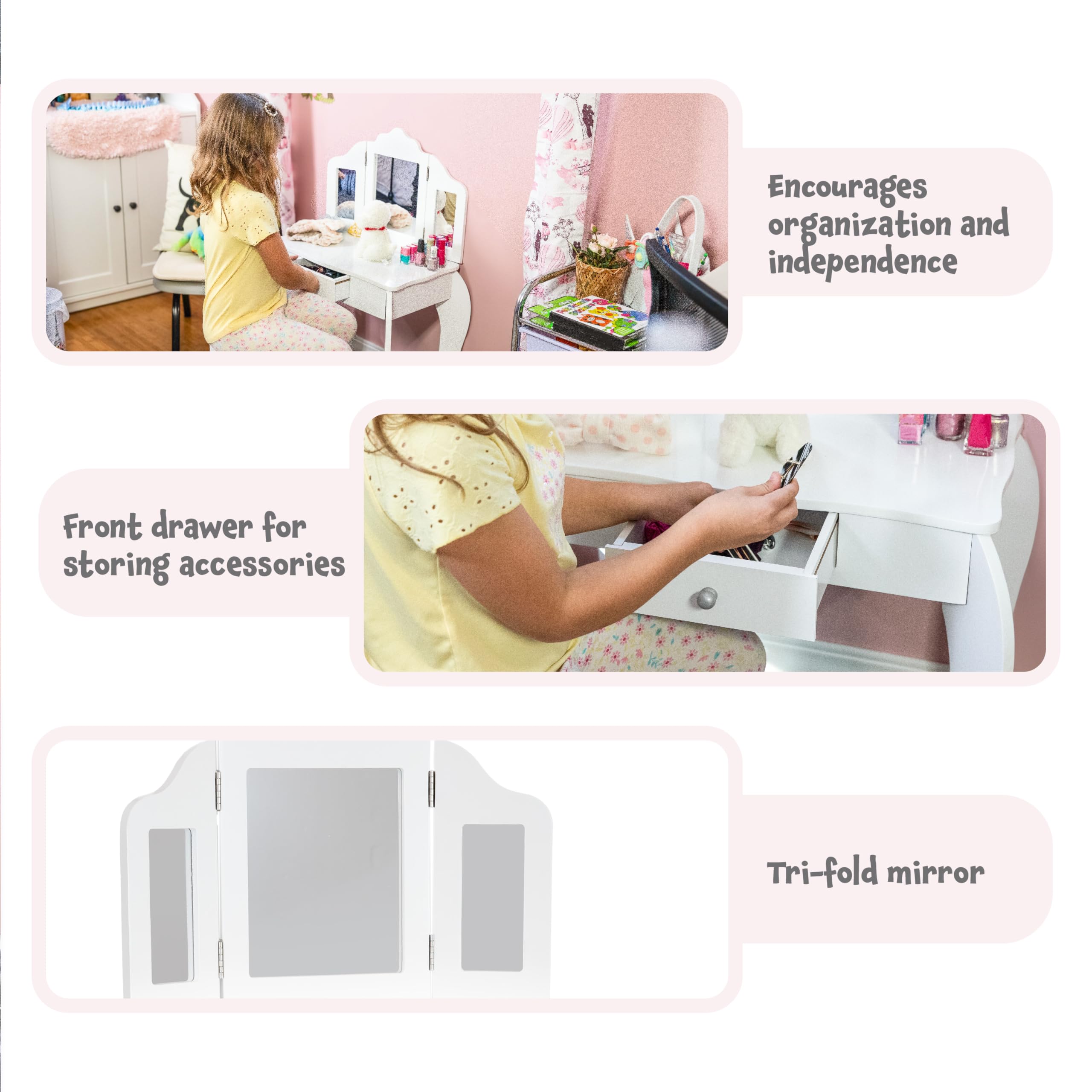 Wooden Pretend Play Vanity Set for Girls - Kids' Vanity Desk with Mirror, Drawer & Stool - White - Perfect for Dress-Up, Role Play & Birthday Gifts