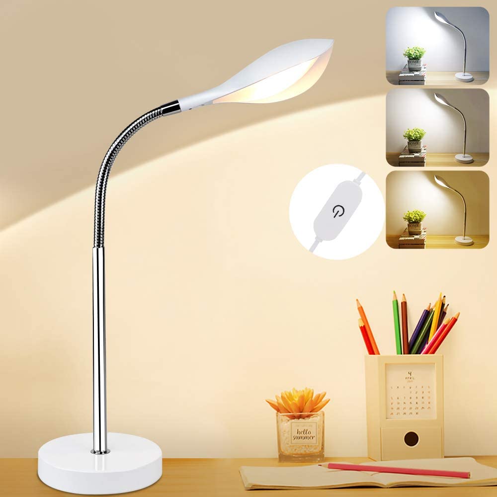 DLLT Minimalist White Table Lamp - Dimmable LED Desk Lamp with 3 Light Modes, Touch Control & 360° Adjustable Neck | Eye-Caring Reading Light for Office, Study, Bedroom, Dorm | USB Powered Nightstand Lamp for Work, Reading & Relaxation