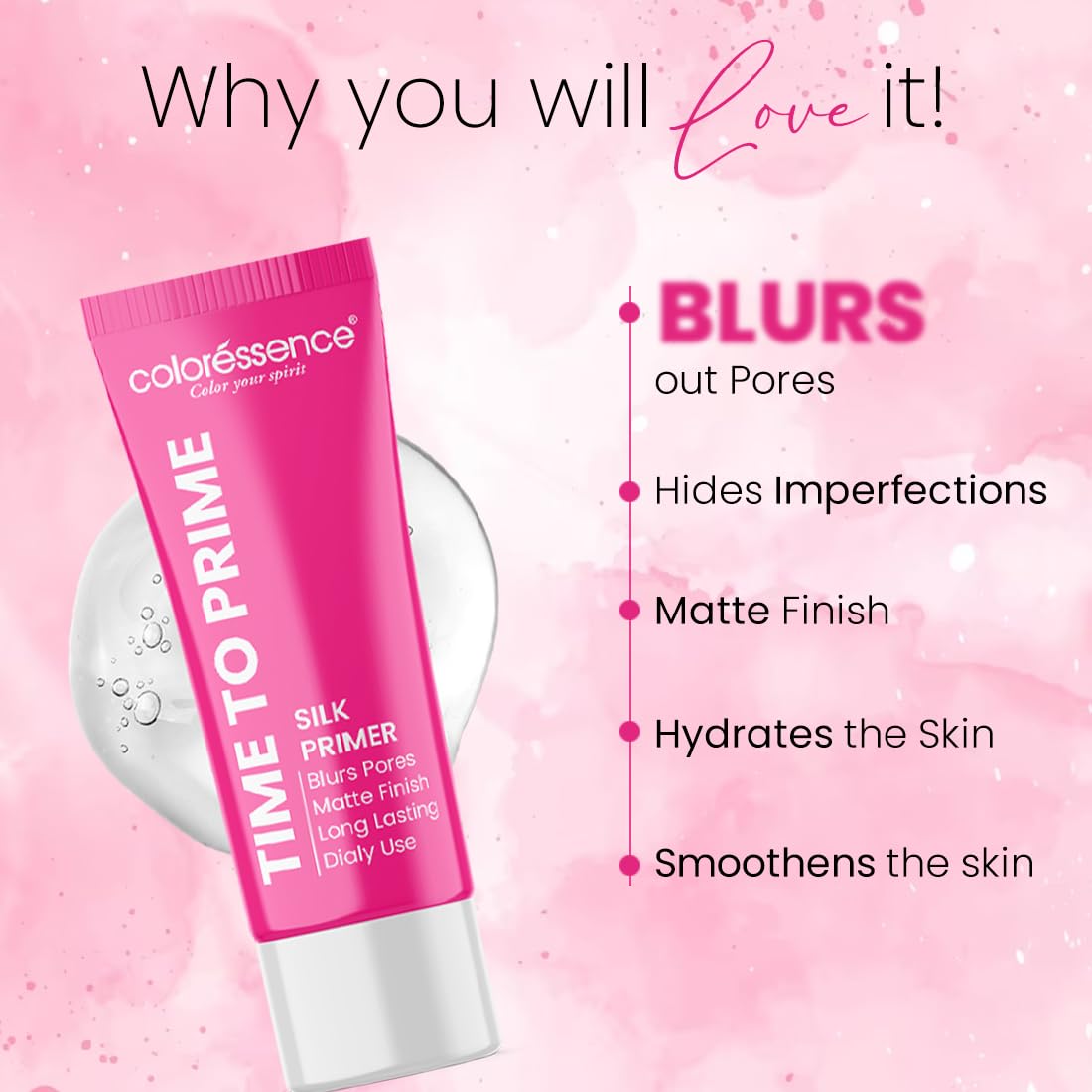 Coloressence Time to Prime Makeup Silk Primer - Lightweight, Non-Greasy Face Primer with Vitamin E & Wheatgerm Oil for Moisturization, Glow & Pore Blurring | Matte Finish Foundation Base | Perfect for Daily Wear, Special Occasions & Photo Shoots