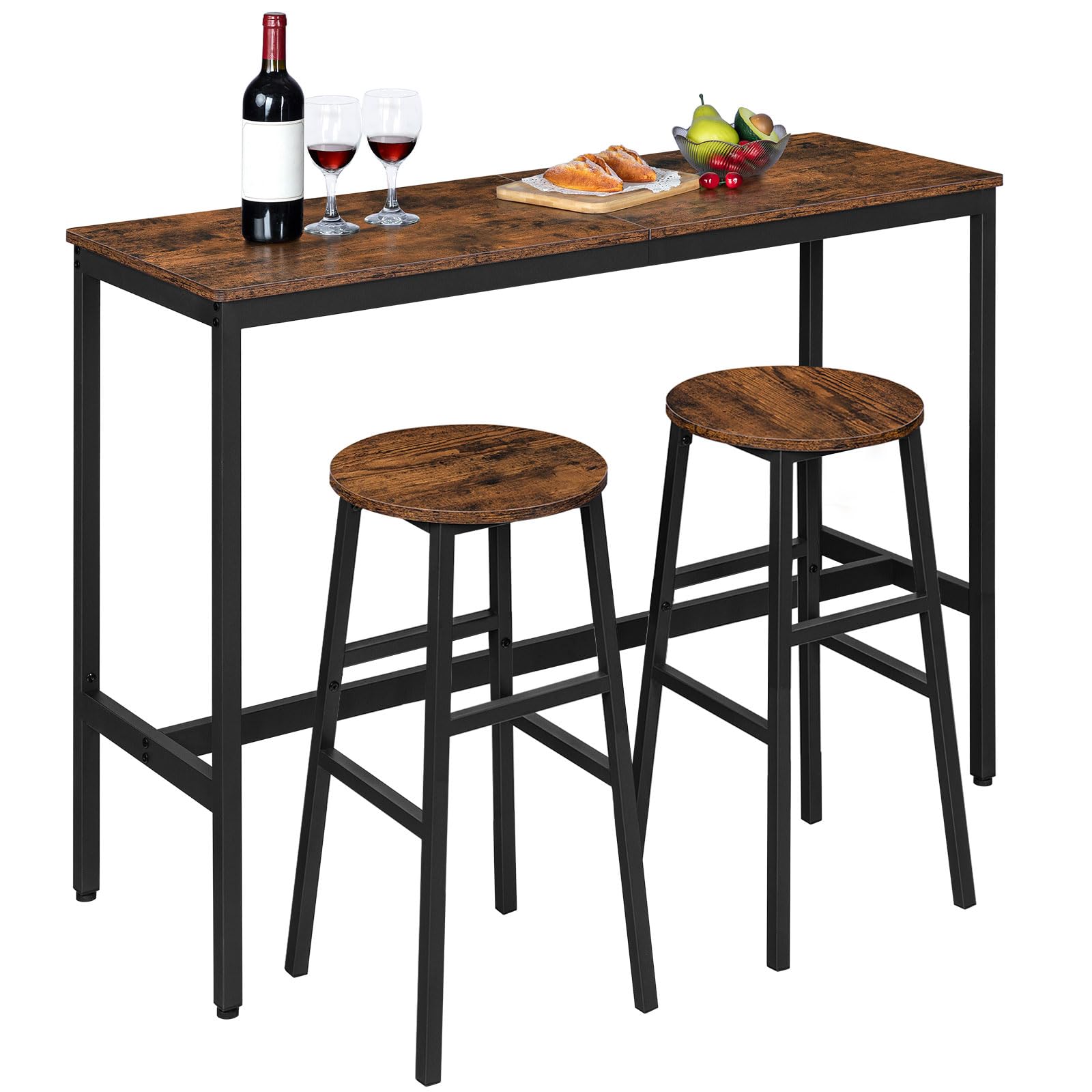 Industrial Bar Stools Set of 2 - 28 Inch Round Kitchen Stools with Footrest, Rustic Brown Breakfast Counter Chairs for Dining Room & Kitchen - Easy Assembly Bar Height Stools for Home, Cafe & Restaurant Use