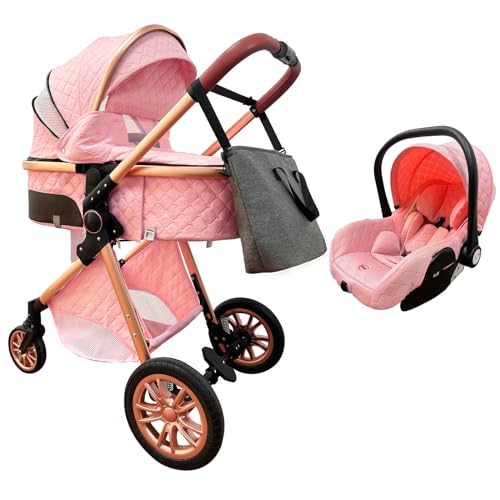 3 in 1 Baby Stroller with Car Seat - Lightweight Travel Stroller, One-Click Fold, Adjustable Reclining Seat & High Aluminum Frame - Perfect for Newborns, Infants & Toddlers (Pink) | Ideal for Shopping, Travel & Daily Walks