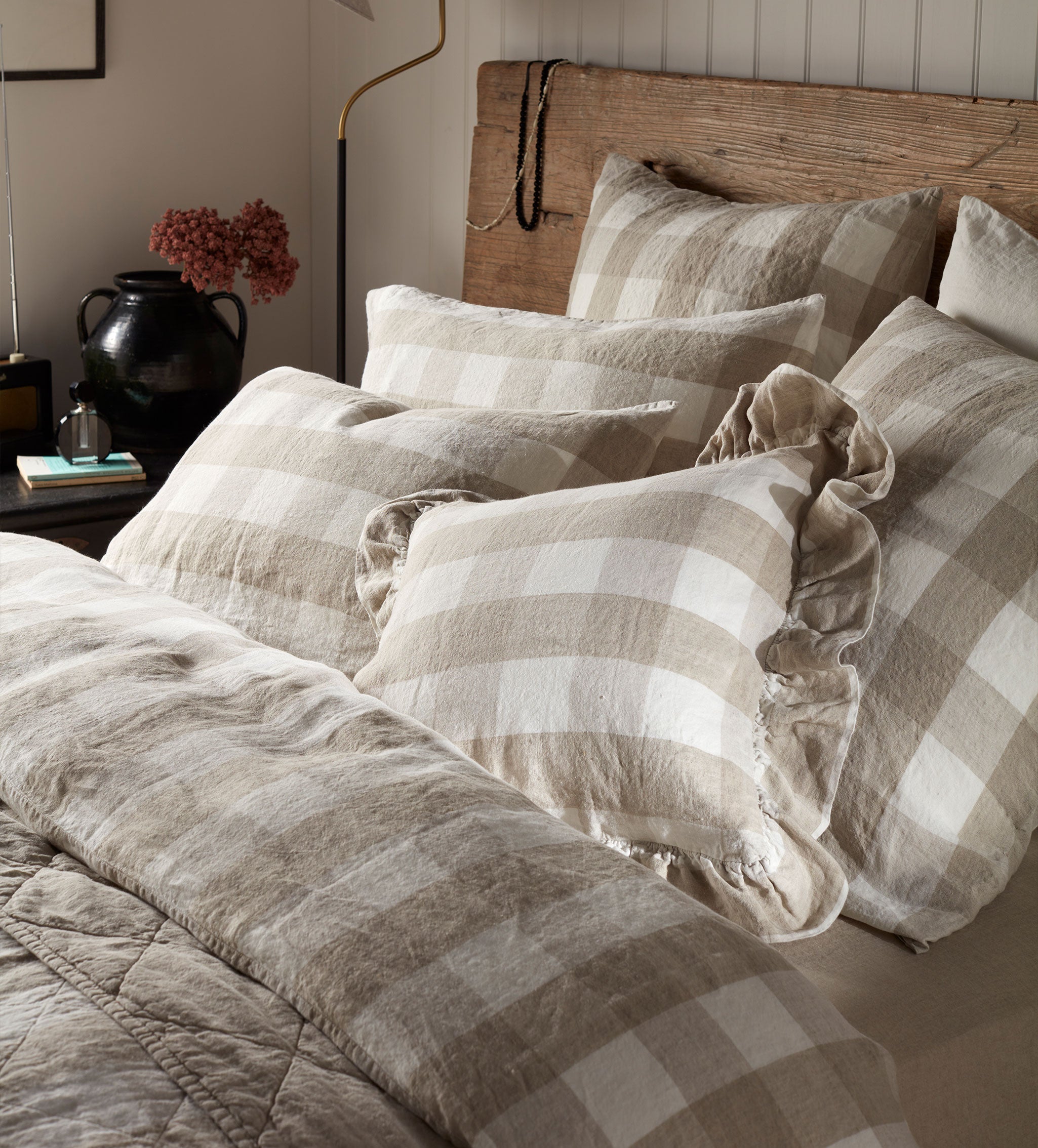Natural Gracie Gingham 100% Linen Cushion Cover - Small Square Pillow Case for Sofa, Bed & Home Decor - Breathable & Washable Linen Fabric