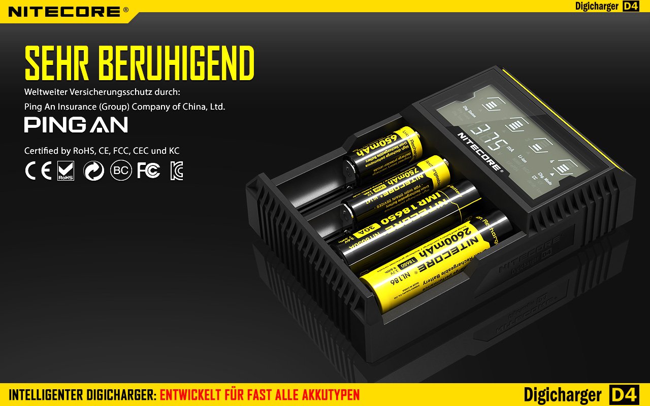 Nitecore Digicharger D4 LCD Display 4 Bay Smart Battery Charger for Li-ion/NiMH - Perfect for Vaping, Flashlights & Camera Gear