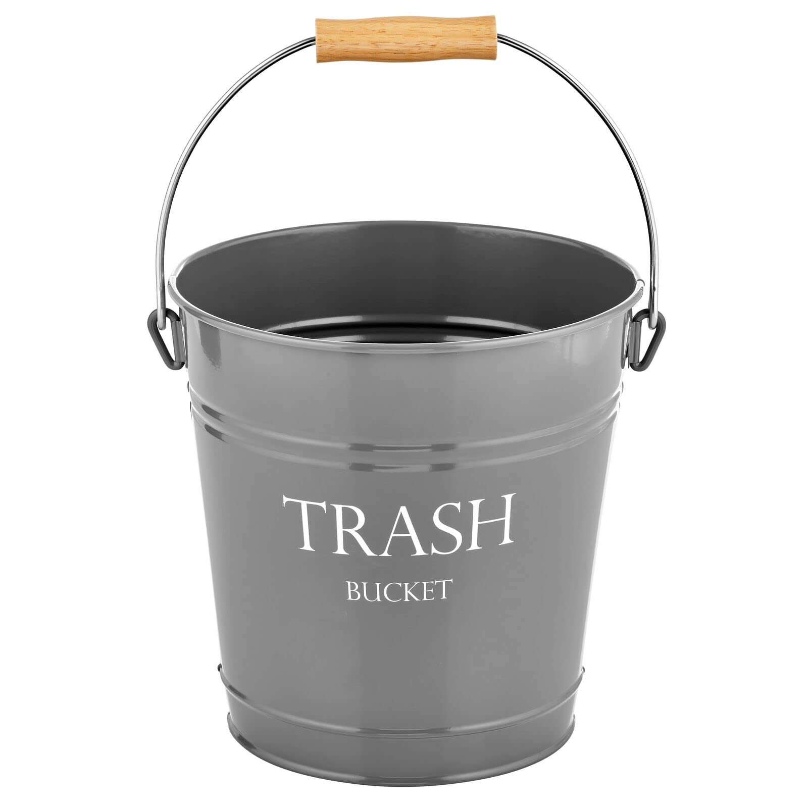 mDesign Small Round Metal Trash Can - Farmhouse Style Waste Basket with Wood Handle for Bathroom, Kitchen, Home Office - Portable Garbage Bin in Charcoal Gray with White Lettering - Perfect for Home Decor, Office Organization & Small Space Storage