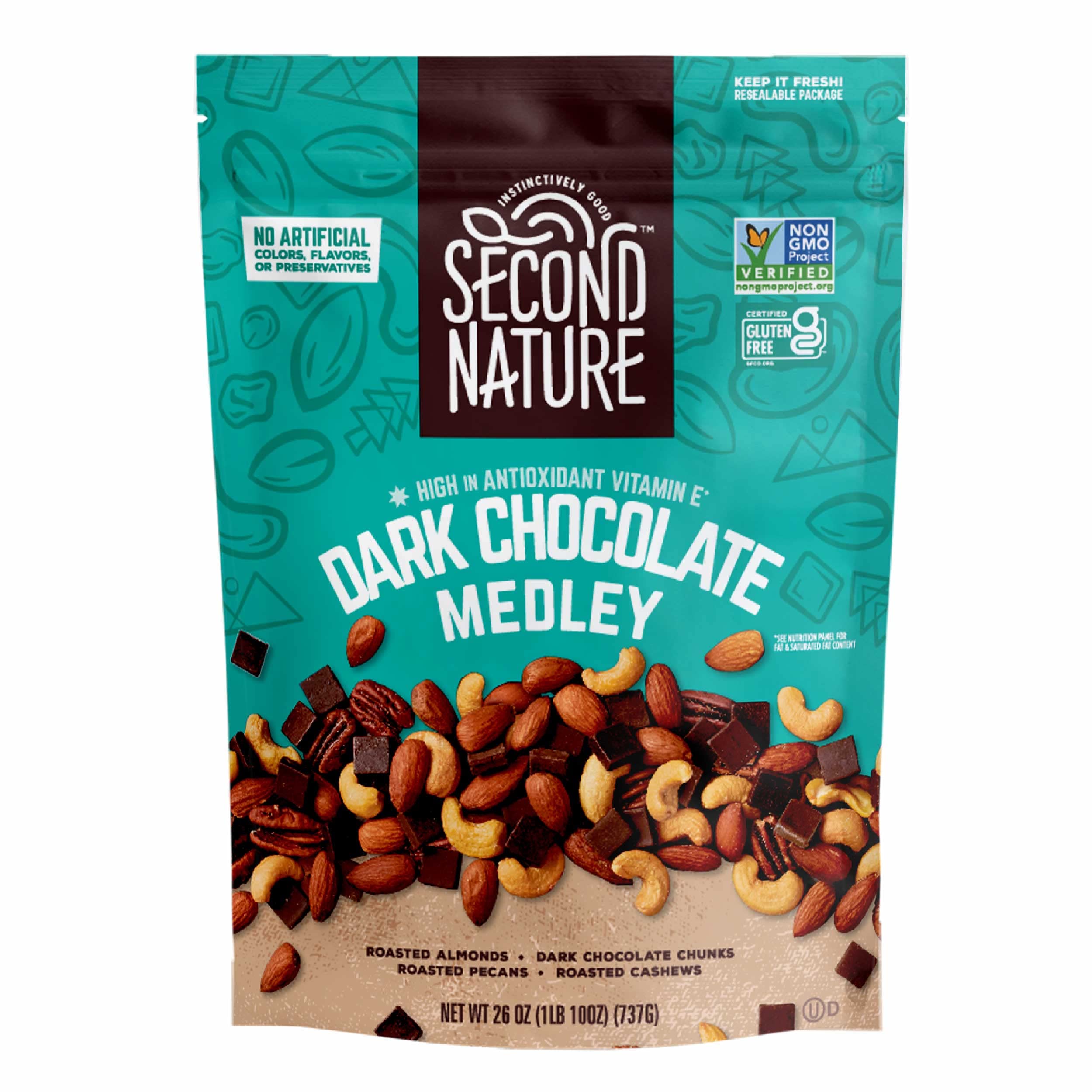 Second Nature Dark Chocolate Medley Trail Mix - 26oz Resealable Pouch | Gluten-Free Snack Mix with Nuts & Dark Chocolate | Perfect for Hiking, Travel, Office Snacks & Healthy Lunch Boxes