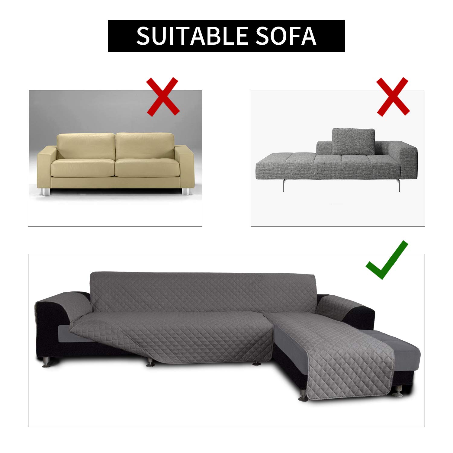 Reversible L-Shaped Sofa Slipcover - Large Gray Sectional Couch Cover with Chaise Lounge | Pet & Kid Friendly Furniture Protector | Perfect for Living Room, Family Room & Home Theater Use