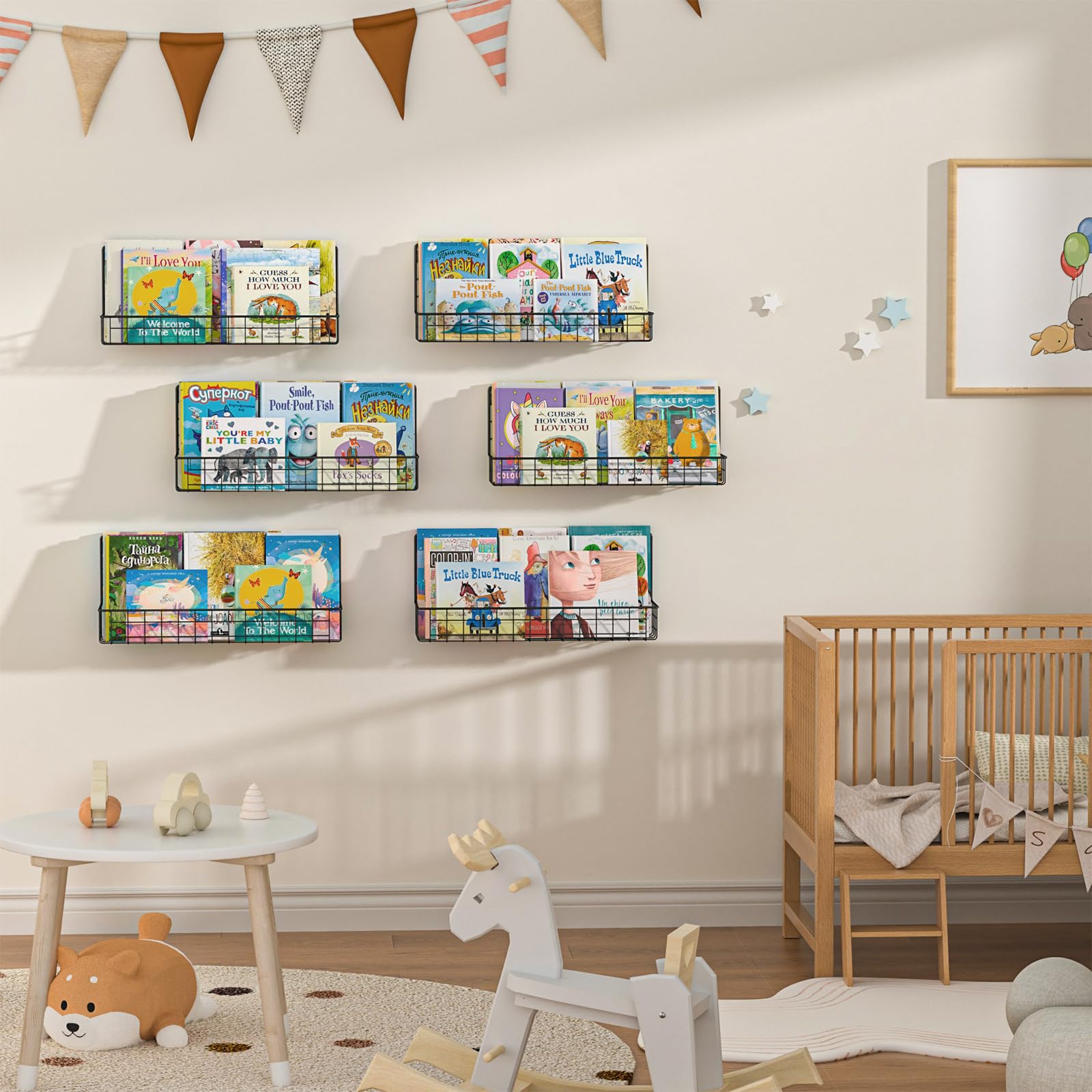 6 Pack Wall Mounted Metal Kids Bookshelf - Floating Book Shelves for Nursery, Toddler Bedroom & Classroom - Hanging Book Storage Organizer - Black - Perfect for Kids' Room Decor, Book Display & Space Saving Storage