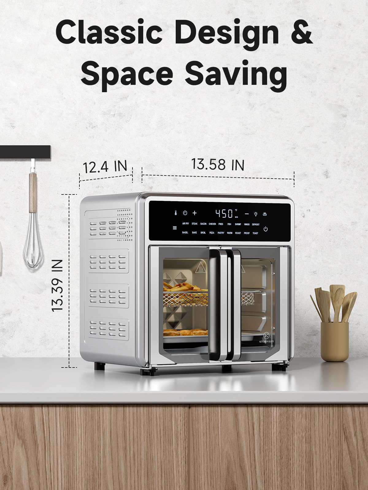 15.8QT Air Fryer Toaster Oven Combo with French Door - 18 Presets, Preheat & Interior Light - Includes Air Fryer Basket, Wire Rack, Baking Pan & Crumb Tray - Compact Stainless Steel Countertop Oven for Baking, Roasting & Healthy Air Frying