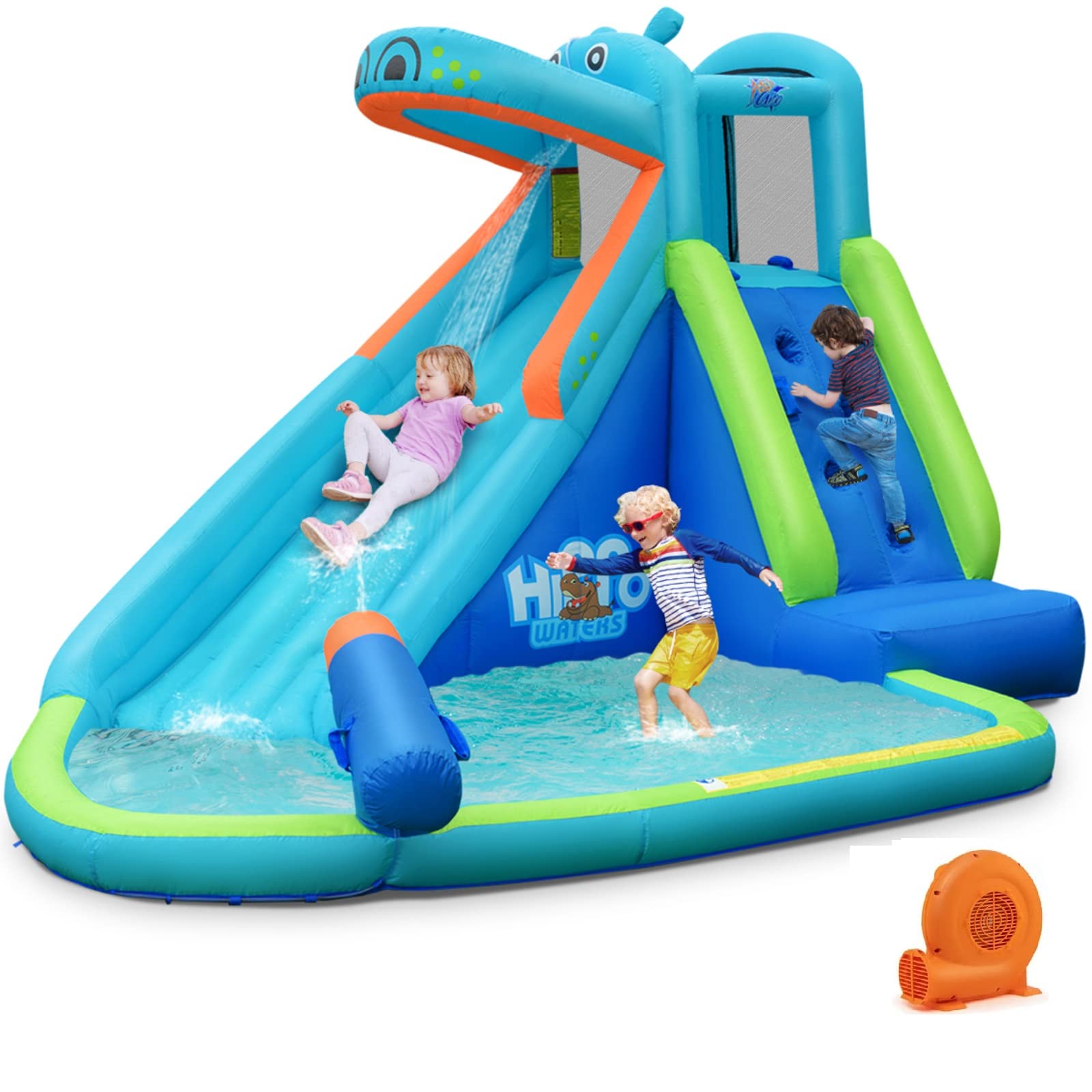 BOUNTECH Inflatable Water Slide for Kids & Adults - Hippo Themed Backyard Water Park with Long Slide, 750W GFCI Blower - Perfect for Summer Parties, Birthday Gifts & Outdoor Family Fun