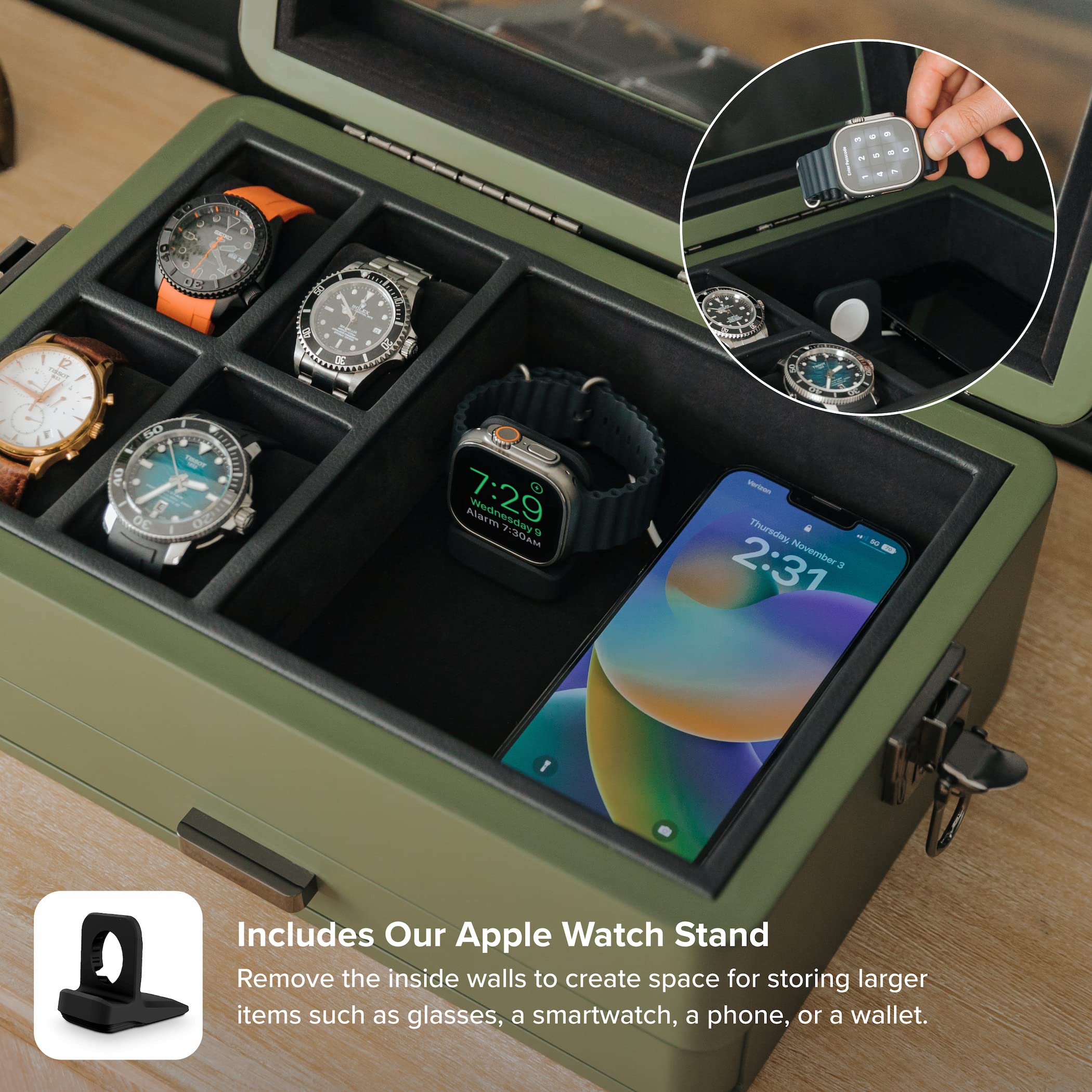 Military 10 Slot Watch Box Organizer for Men - Premium Real Glass Top with Modular Valet Tray | Apple Watch Compatible Stand & Accessory Drawer | Perfect for Travel, Home Display & Watch Collection Storage