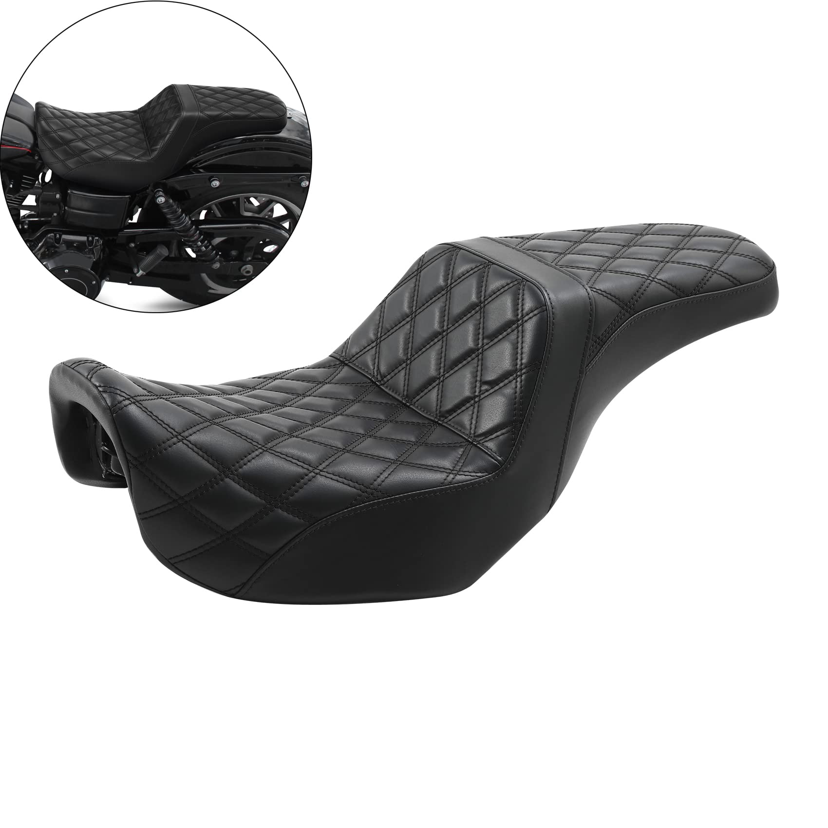 SLMOTO Diamond Pattern Driver & Rear Passenger Seat for Harley Dyna Super Glide Street Bob Wide Glide Fat Bob Low Rider Switchback 2006-2017 - Black Stitching | Comfortable Motorcycle Seat for Long Rides & Cruising