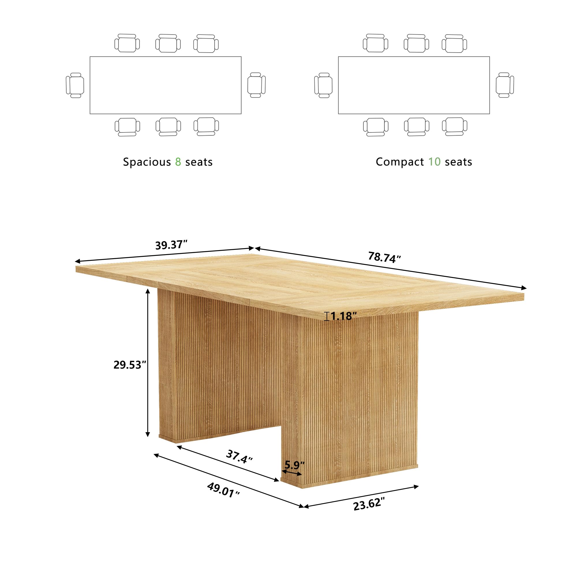 78 Inch Rectangular Farmhouse Dining Table for 6-10 People - Modern Fluted Wooden Kitchen & Living Room Table - Natural Finish - Perfect for Family Gatherings & Dinner Parties