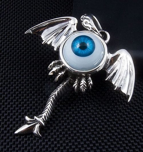Gothic Sterling Silver Blue Eyeball Wing Pendant Necklace - Perfect for Halloween Costumes, Gothic Fashion & Alternative Jewelry Collections