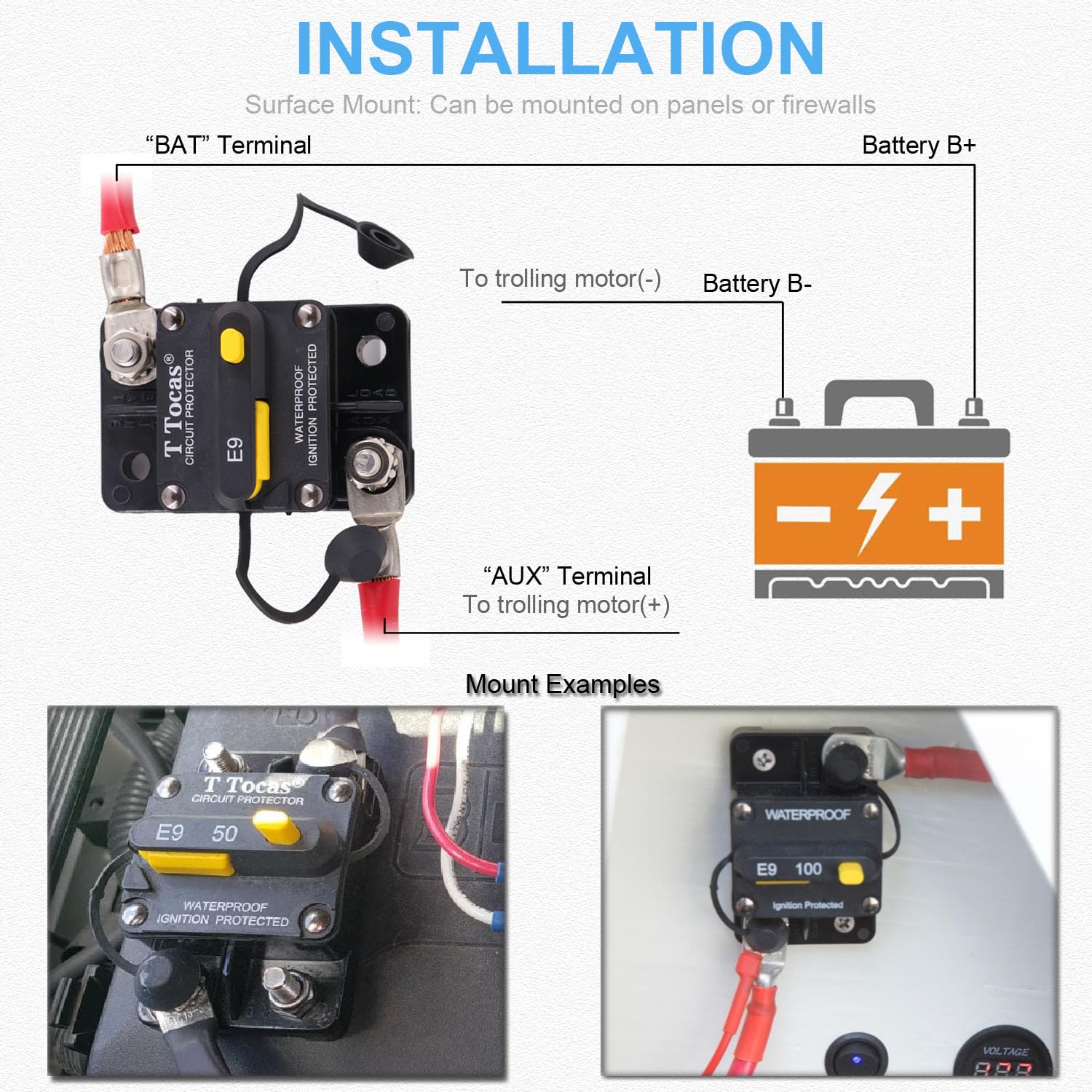70A Surface-Mount Circuit Breaker with Manual Reset - 12V-48V DC Waterproof IP67 Protection for Marine, RV, Solar Systems & Car Audio (Perfect for Trolling Motors, Boat Batteries & Off-Grid Power)