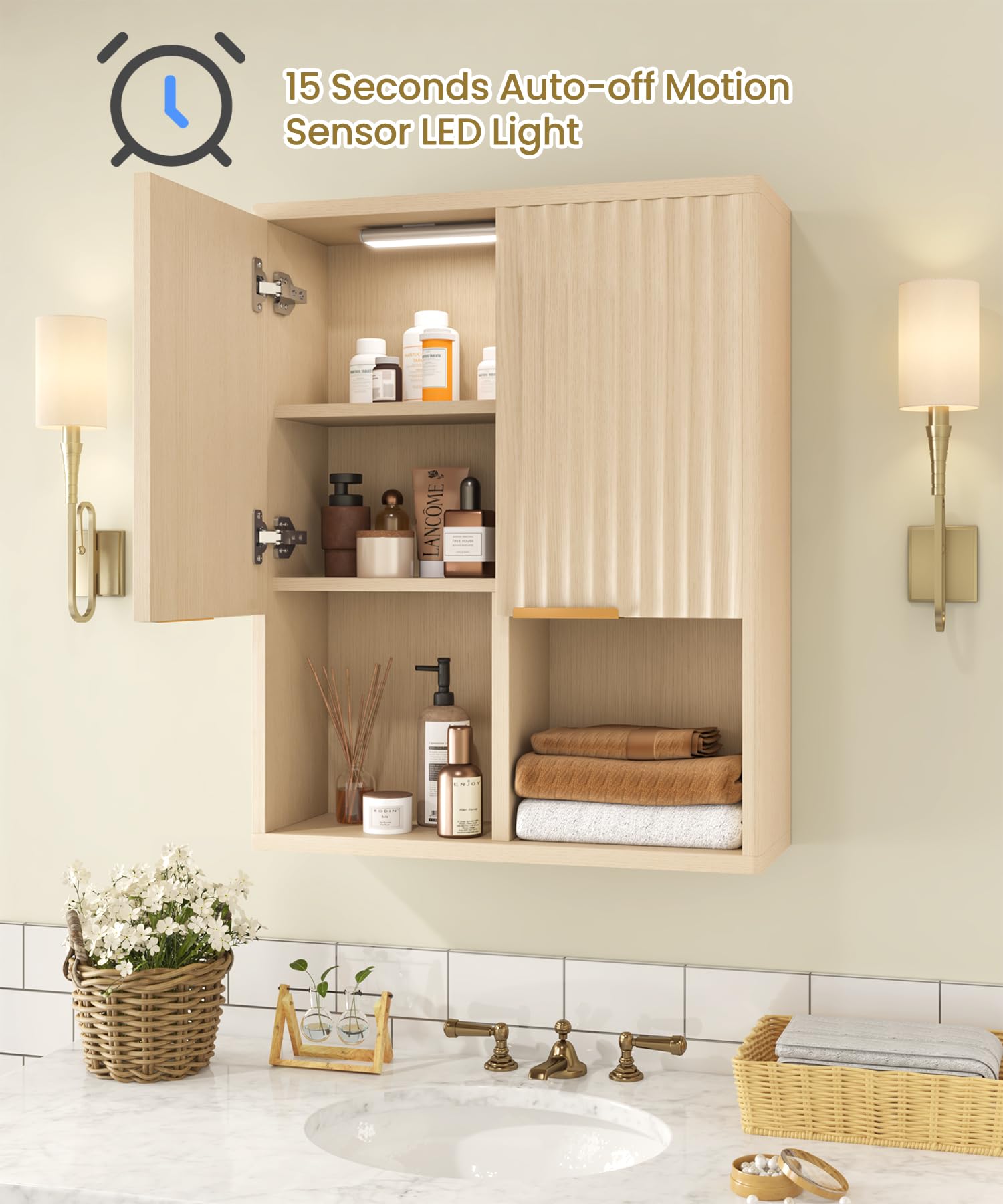 HAIOOU Fluted Wave Design Wooden Medicine Cabinet with Motion Sensor Light - Wall Mounted Bathroom Storage with Buffering Hinges, Over Toilet Organizer for Modern Home Decor (Natural Finish)