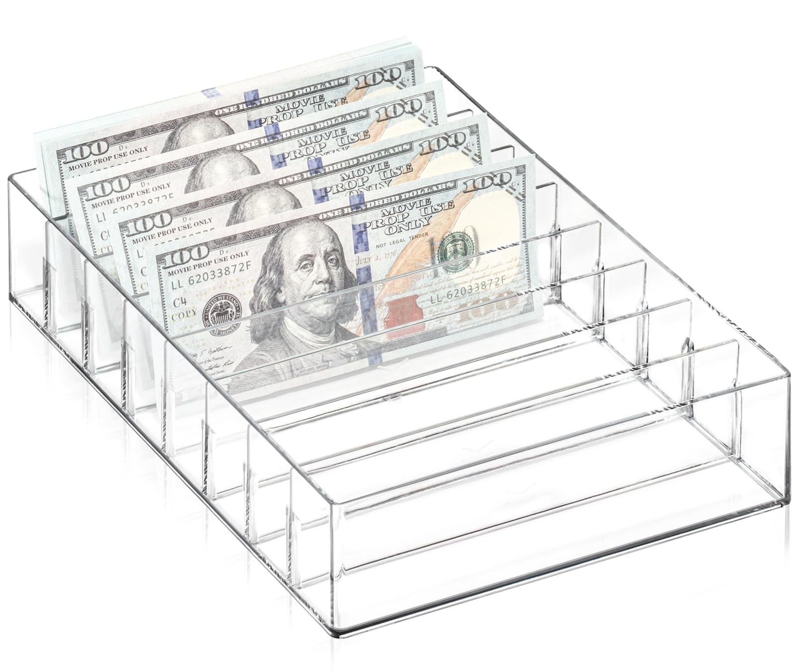 XUWAIDSGN Large Acrylic Cash Organizer - 8-Section Clear Money Budget Tray with Plastic Dividers | Bill Storage Holder for Cash Envelope System | Perfect for Home, Office & Small Business Budgeting (Clear)
