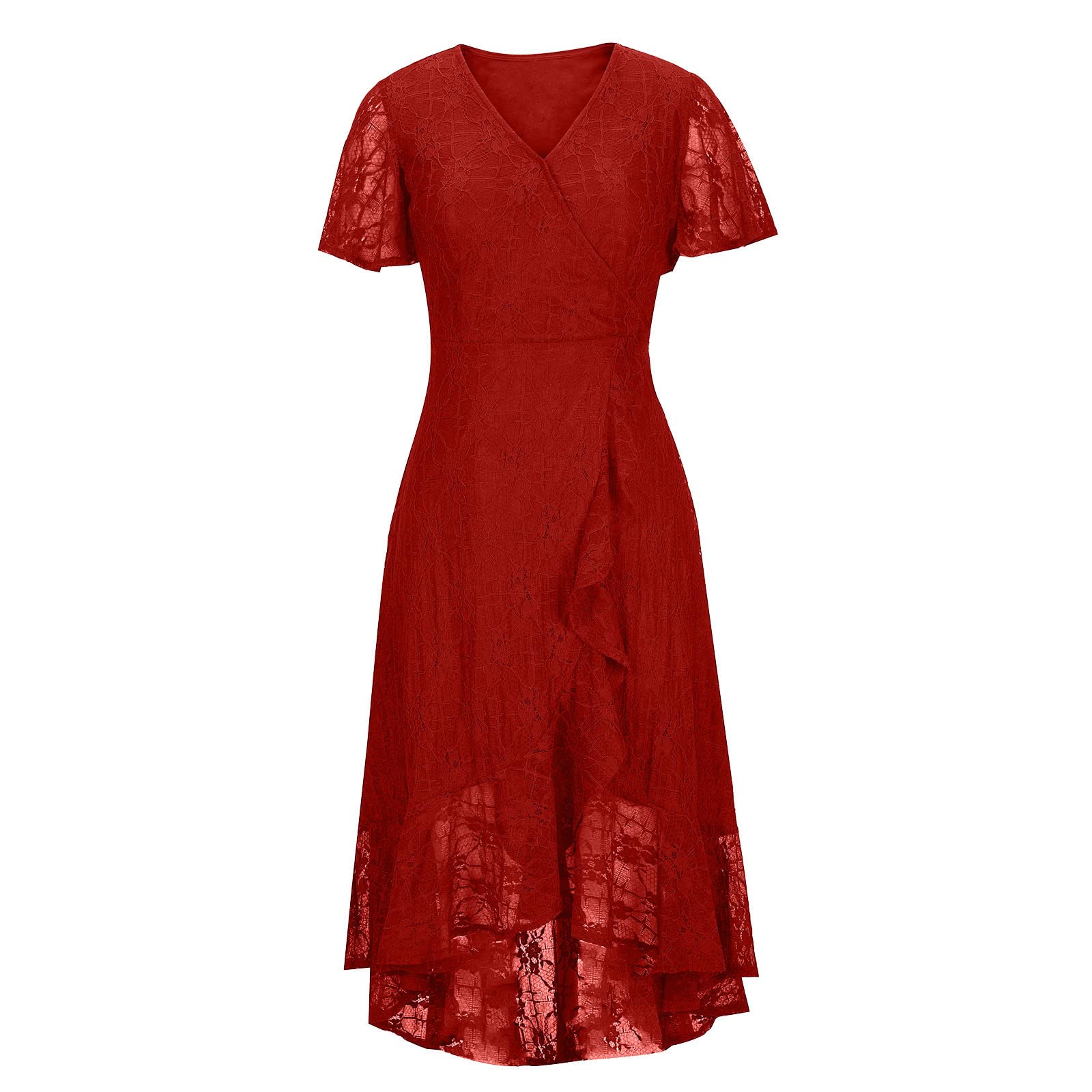 Sexy Floral Lace Cocktail Dress for Women - Wrap V-Neck Short Sleeve Midi Dress with Irregular Ruffles for Wedding Guest, Party, Date Night & Special Occasions