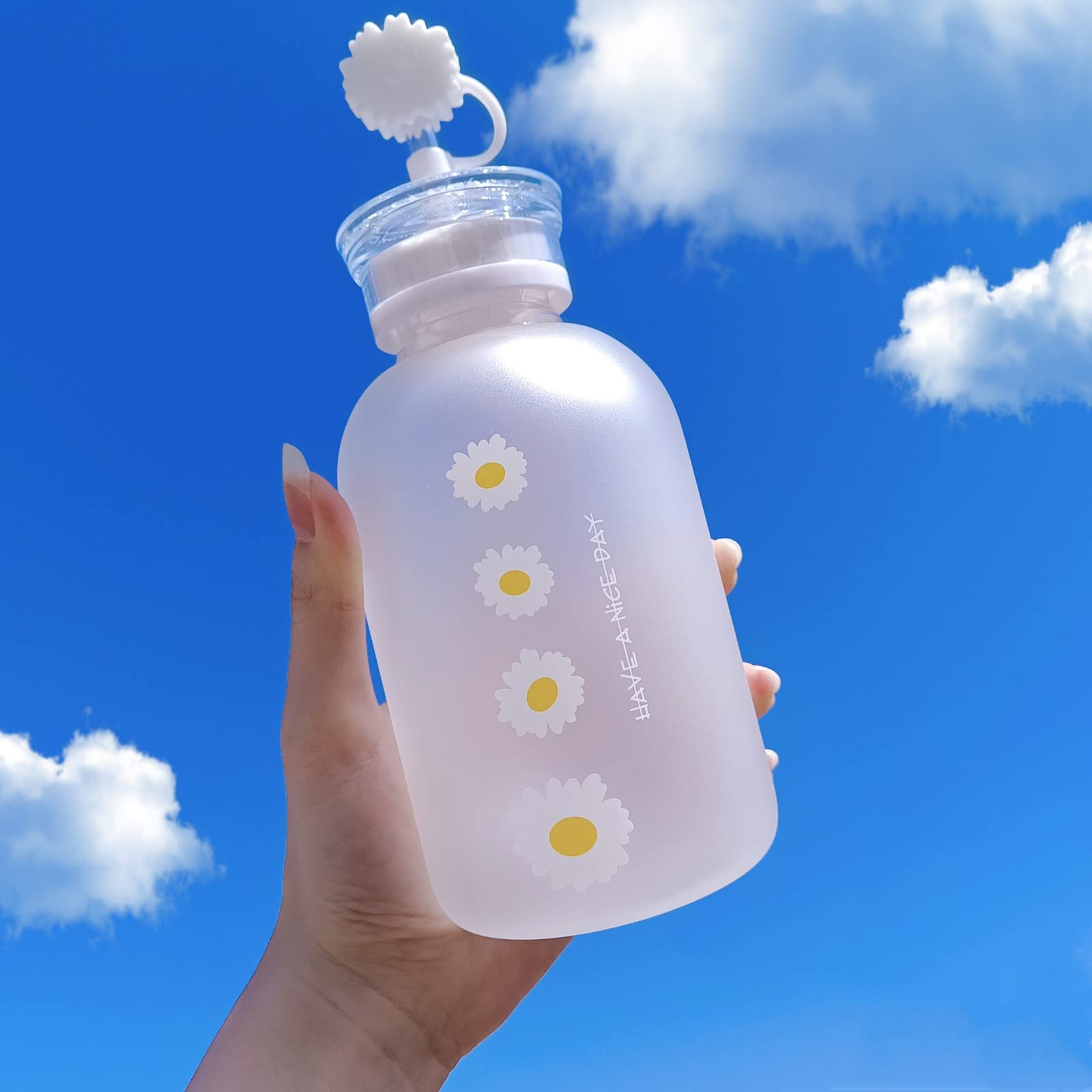 Cute Kawaii Aesthetic Glass Water Bottle with Straw & 2 Lids - 16oz Daisy Flower Design for Girls - Perfect for School, Gym, Travel & Everyday Hydration