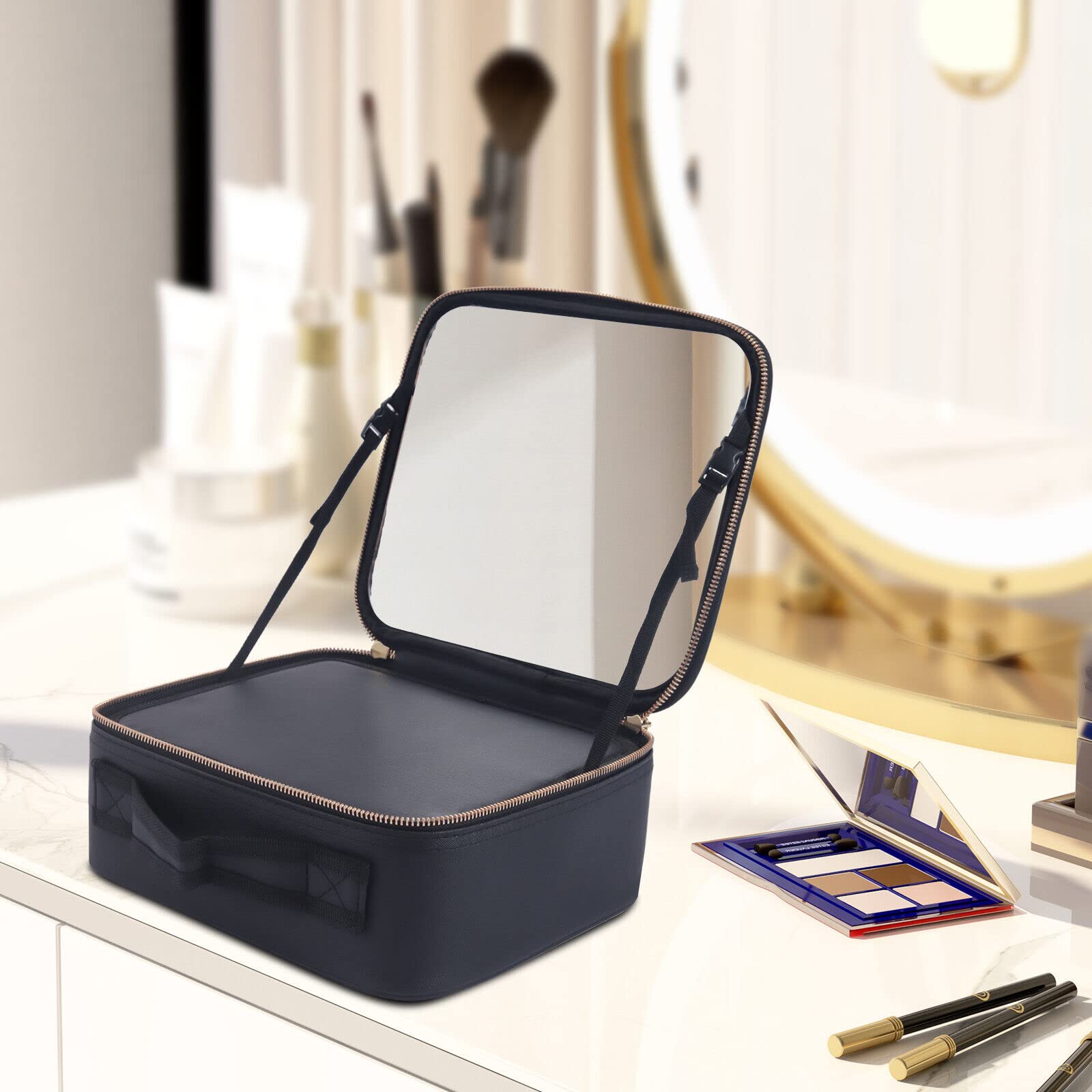 Portable Makeup Train Case with Mirror & Brush Storage - Black | Travel & Professional Use