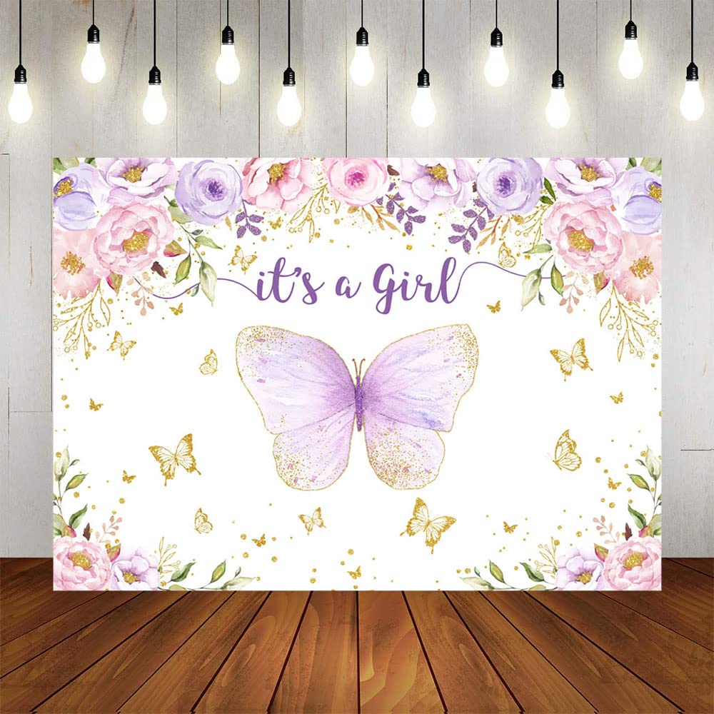 Purple & Pink Floral Gold Dot Butterfly Baby Shower Backdrop - 7x5ft It's a Girl Party Decor, Photo Booth Banner for Baby Shower, Gender Reveal & Nursery Decorations